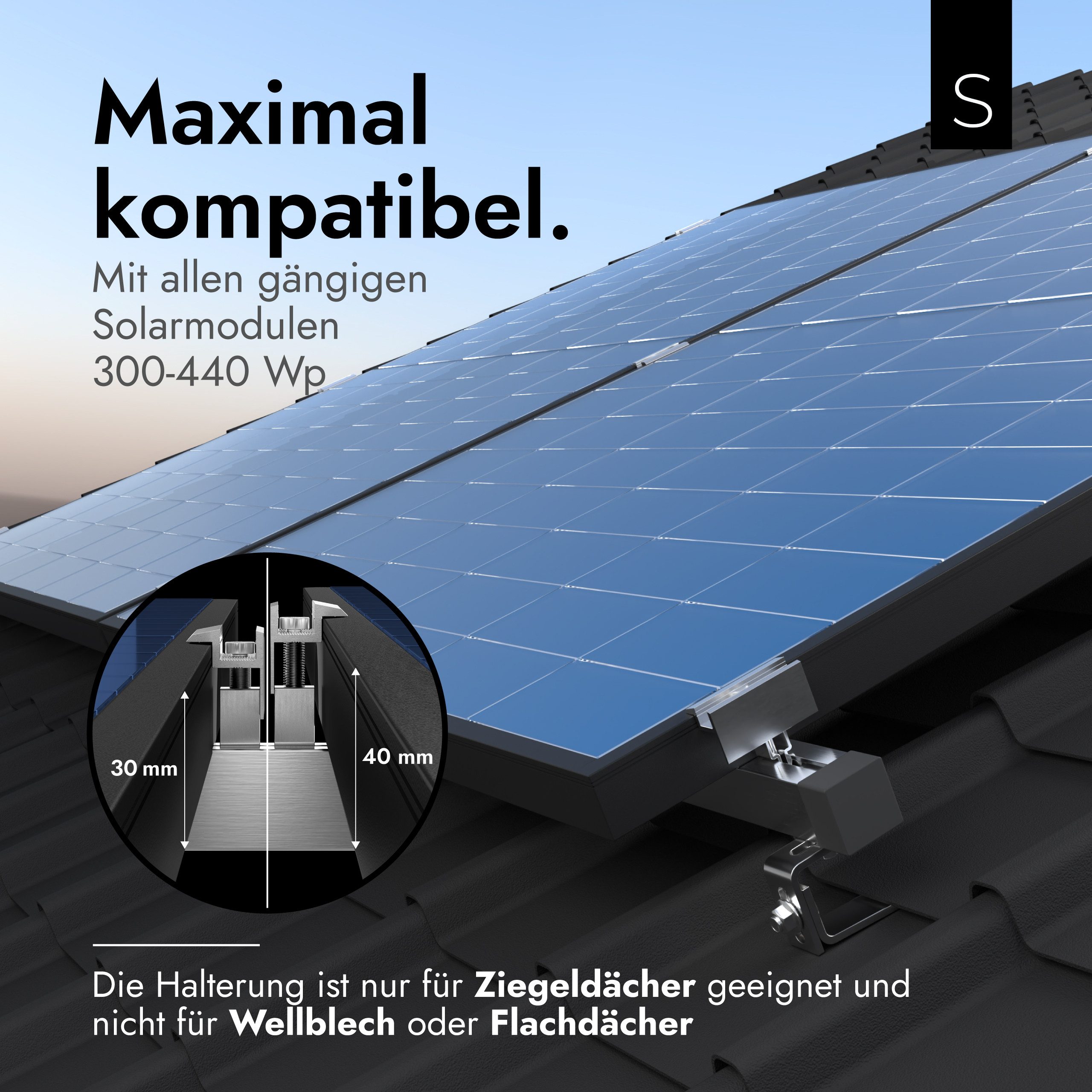 SOLAFIX Solarmodul-Halterung Ziegeldach - Dachmontage Komplett-Set für 2 Solarmodule 30–40 mm, (Solafix Ziegeldach-Solarhalterung mit EASY-CLICK für schnelle Montage, AL6005-T5 Aluminium & Edelstahl 1.4301, für 300–440 Wp, 30–40 mm)