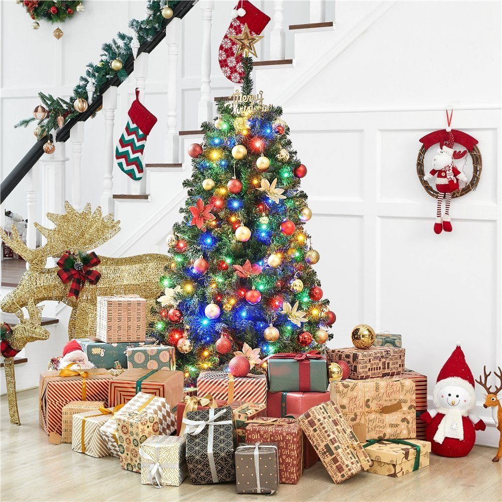 Yaheetech Künstlicher Weihnachtsbaum 152,5/183 cm (H), Fichte, LED Tannenbaum mit 9 Lichtmodi, mit Faltbarem Metallständer