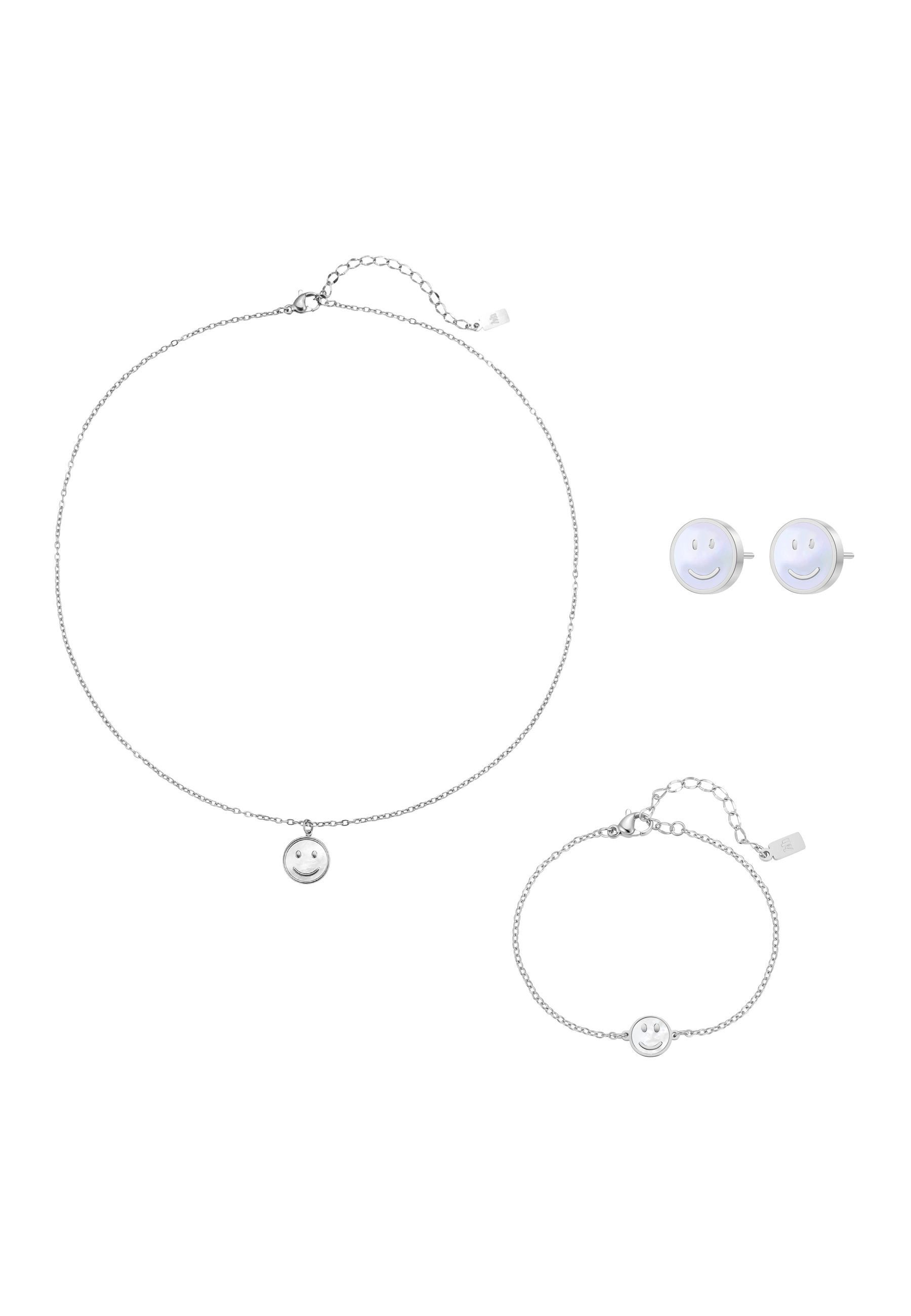 Hey Happiness Schmuckset Freundliches Smiley Gesicht & Perlmutt, 3-tlg., Filigrane Ohrringe, Kette & Armband Damen Edelstahl, wasserfest