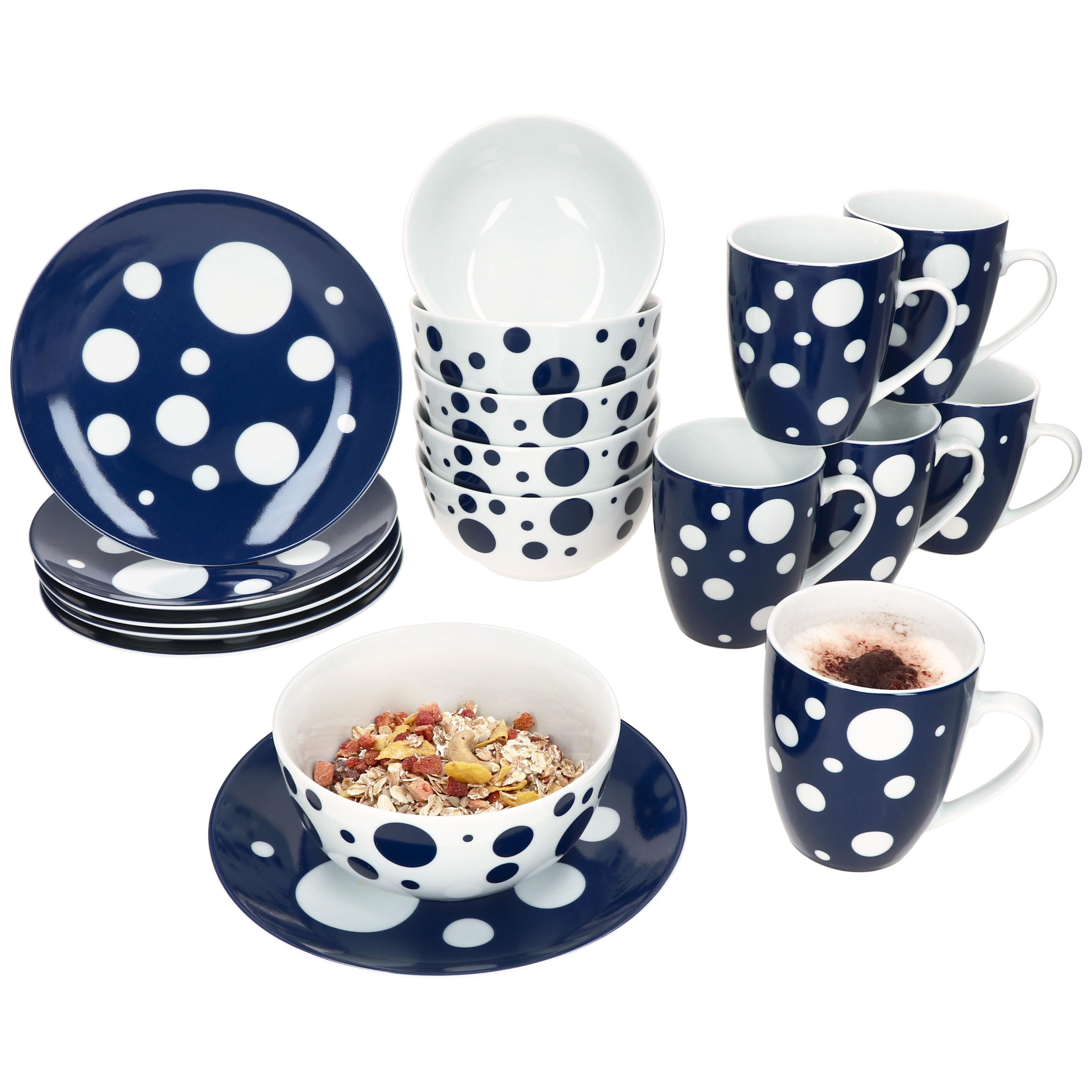 MamboCat Frühstücks-Geschirrset MamboCat Pula blau 18tlg Frühstücksset Teller Schale Becher gepunktet, Porzellan