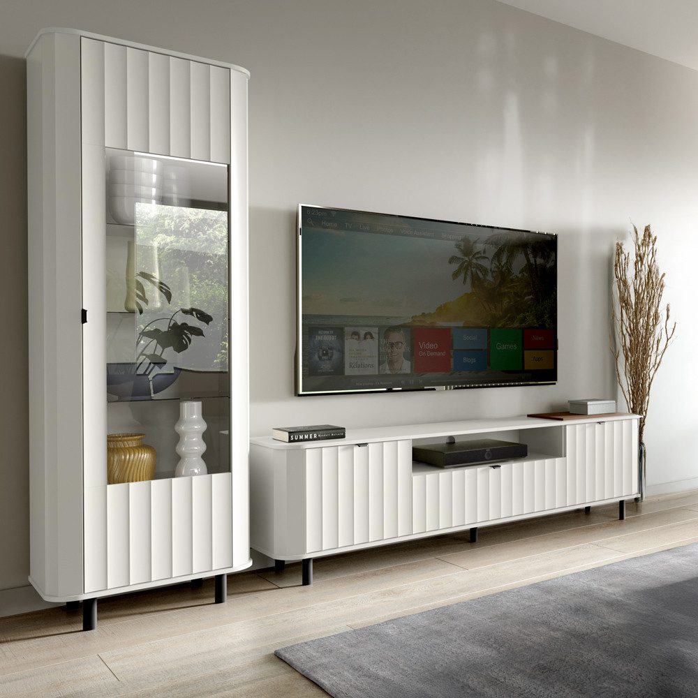 Lomadox Wohnzimmer-Set NASHVILLE-161, (Mega-Spar-Set, 2-St., Vitrine Lowboard), Wohnzimmer-Set in Weiß, mit Wellen-Optik, modern