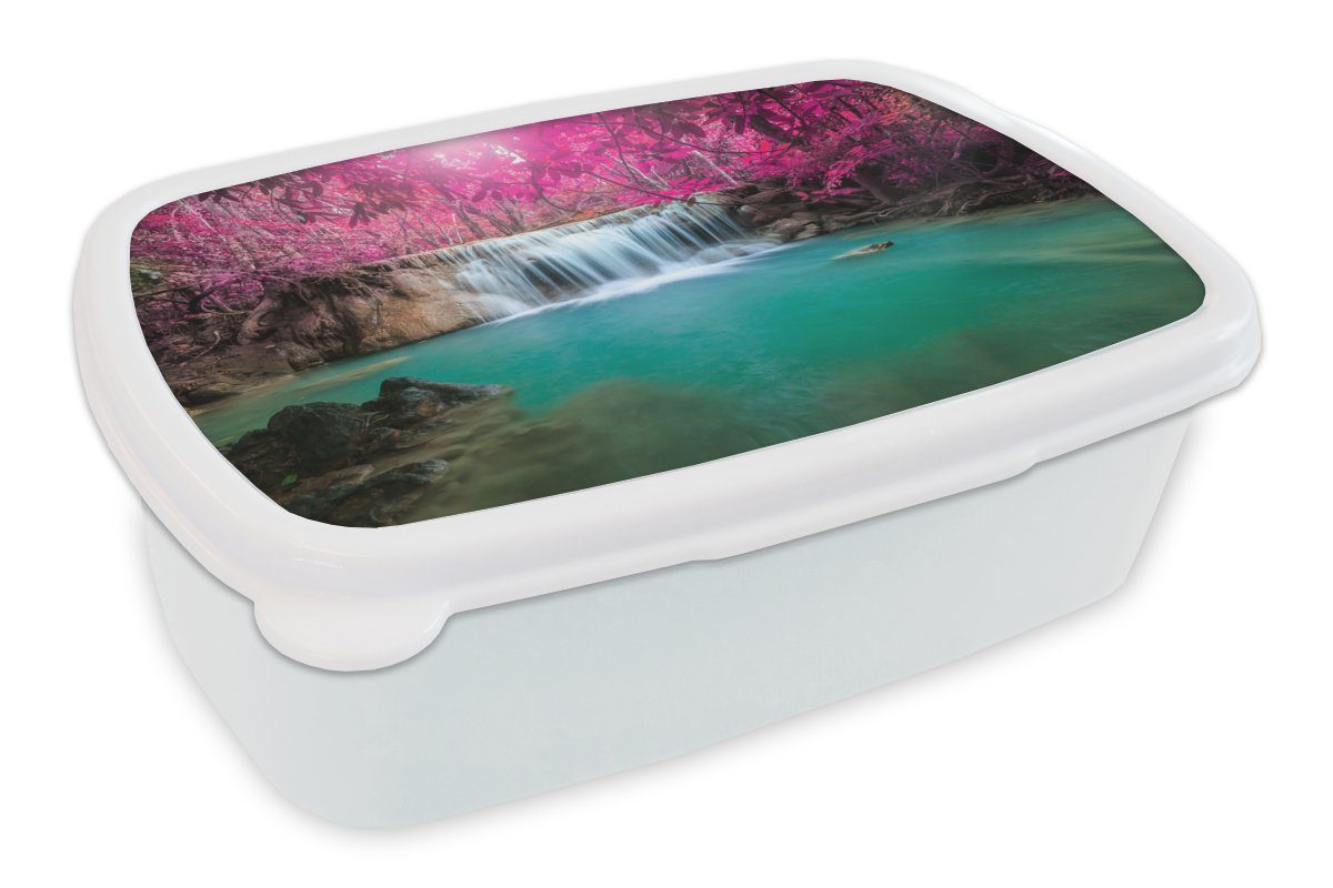 MuchoWow Lunchbox Wasserfall - Baum - Rosa - Natur, Kunststoff, (2-tlg), Brotbox für Kinder und Erwachsene, Brotdose, für Jungs und Mädchen weiß