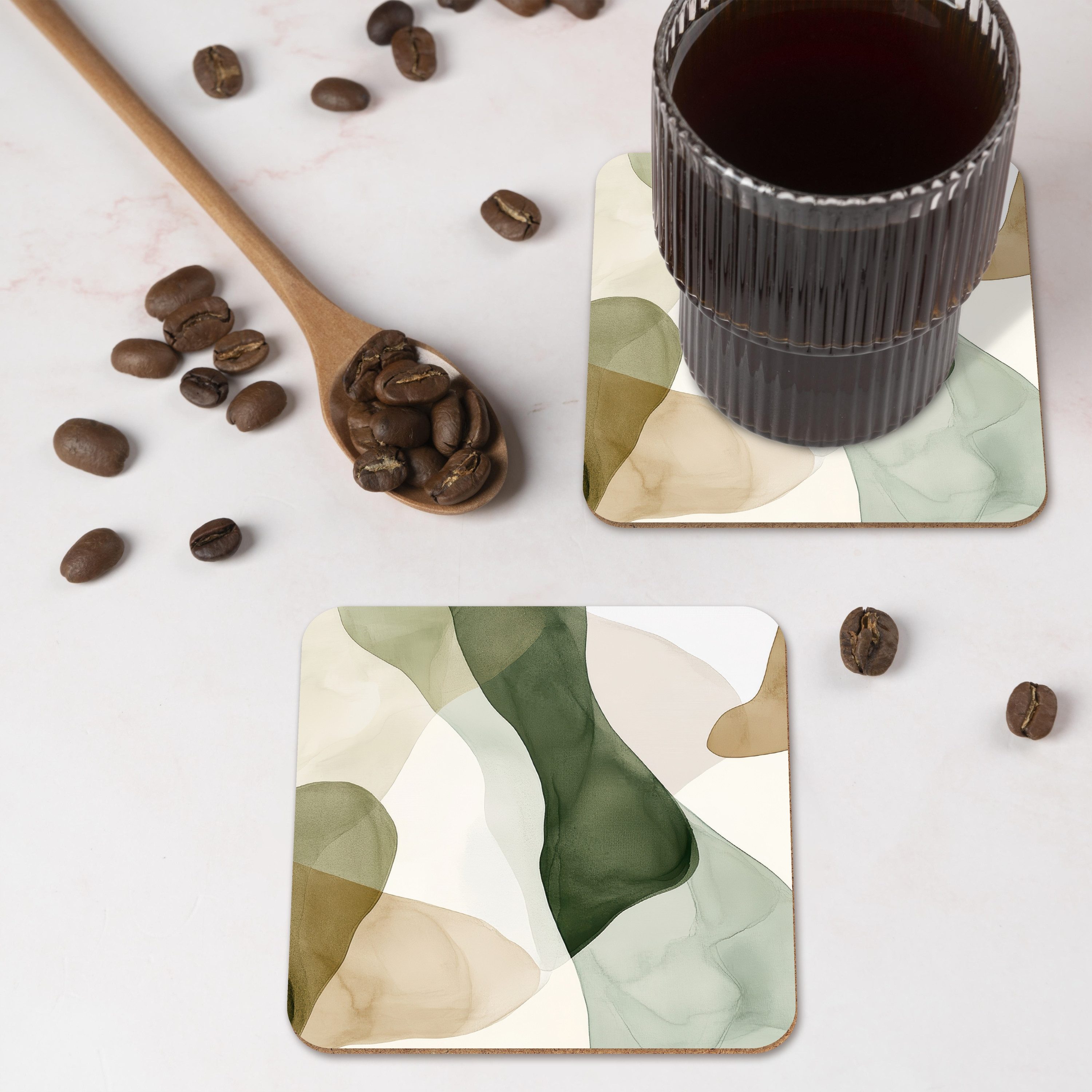 MuchoWow Glasuntersetzer Japandi - Abstrakt - Grün, Zubehör für Gläser, 6-tlg., Tassenuntersetzer Kork, Quadrat, Untersetzer Set Gläser, 10x10 cm