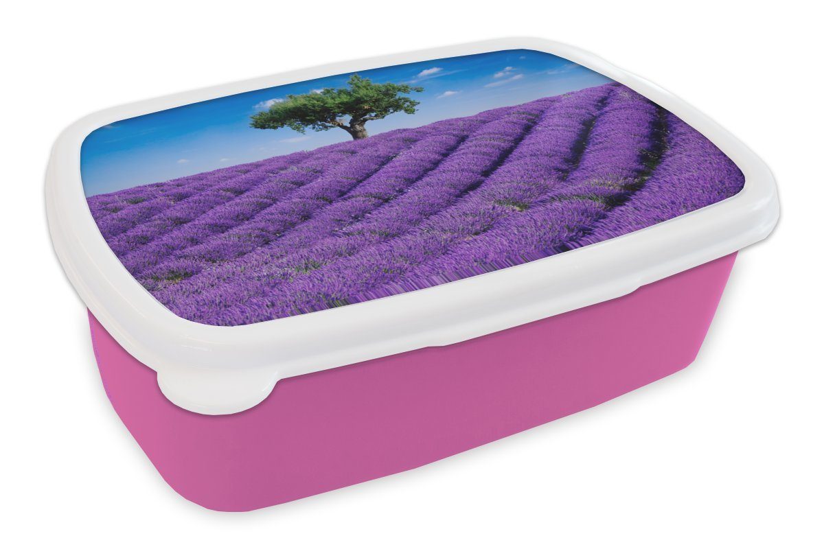 MuchoWow Lunchbox Eine Nahaufnahme Snackbox, Kinder, (2-tlg), Kunststoff, Brotbox eines Erwachsene, rosa Lavendelfeldes, Kunststoff Mädchen, für Brotdose