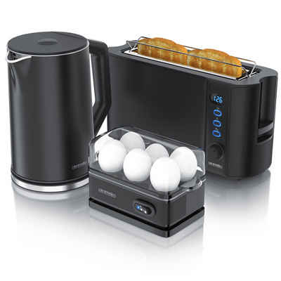 Arendo Frühstücks-Set (3-tlg), Wasserkocher 1,5l, 2-Scheiben Toaster, 6er Eierkocher, Schwarz