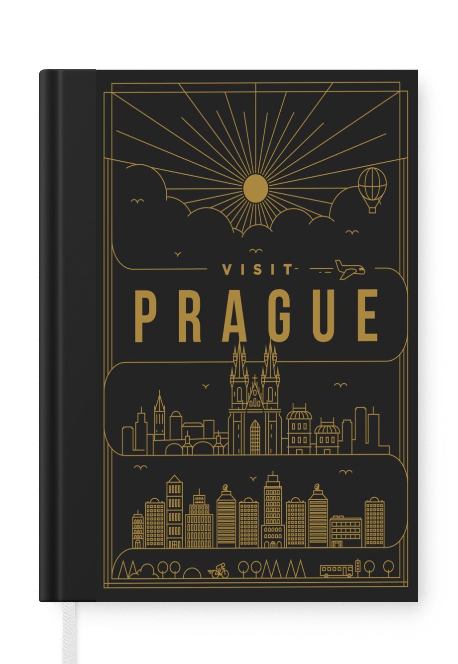 MuchoWow Notizbuch Prag - Skyline - Gold, Journal, Merkzettel, Tagebuch, Notizheft, A5, 98 Seiten, Haushaltsbuch