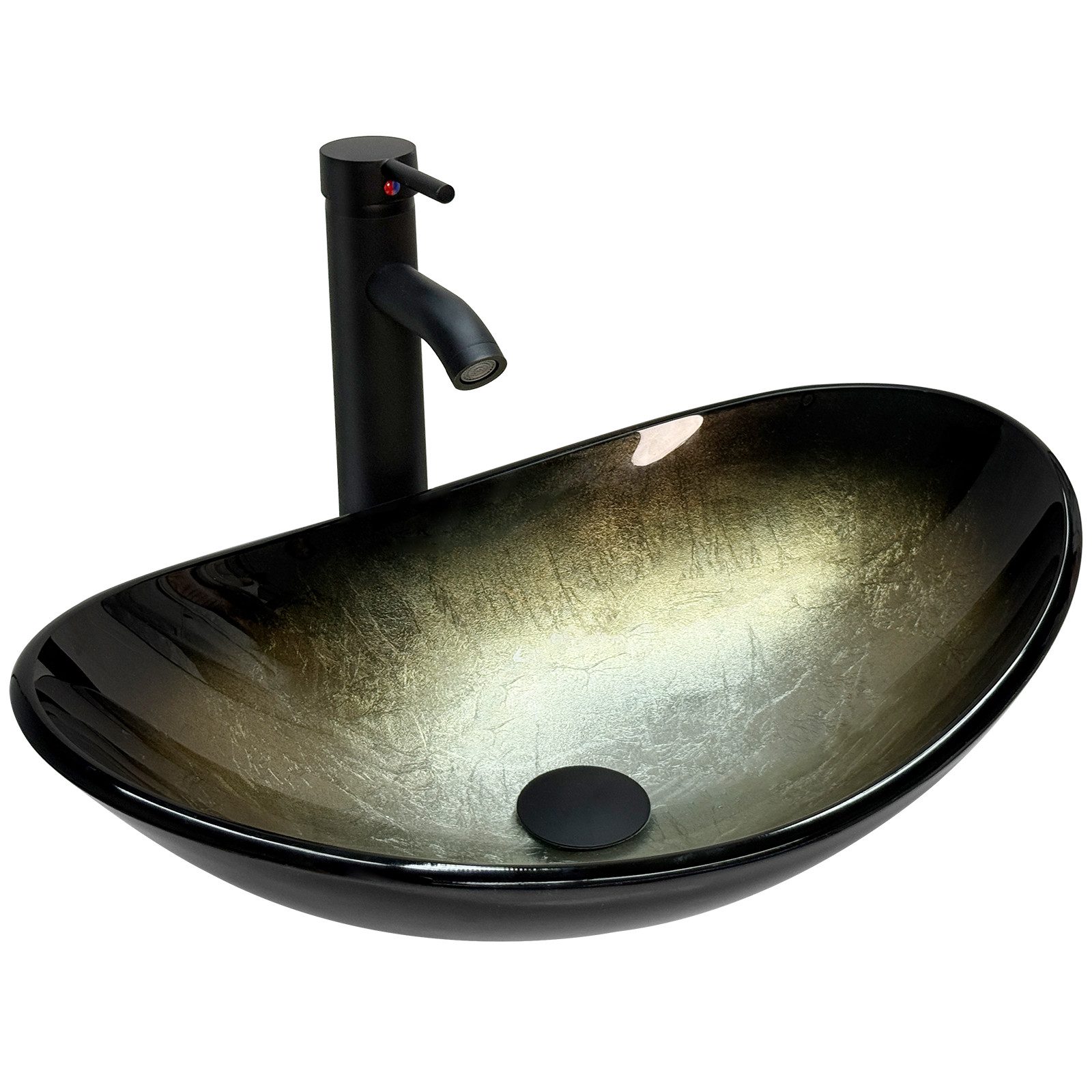 Puluomis Aufsatzwaschbecken Waschbecken Set mit Wasserhahn und Ablaufgarnitur Oval, Handgezeichnet Waschschale, Waschplätze für Badezimmer Küche WC