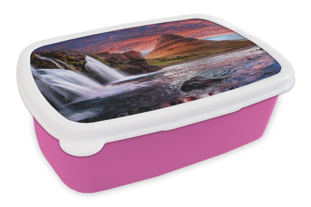 Wolken für - Snackbox, Kunststoff Brotdose Erwachsene, Kinder, (2-tlg), - Landschaft, MuchoWow Wasserfall - Berg Kunststoff, Mädchen, Rosa - Lunchbox Brotbox