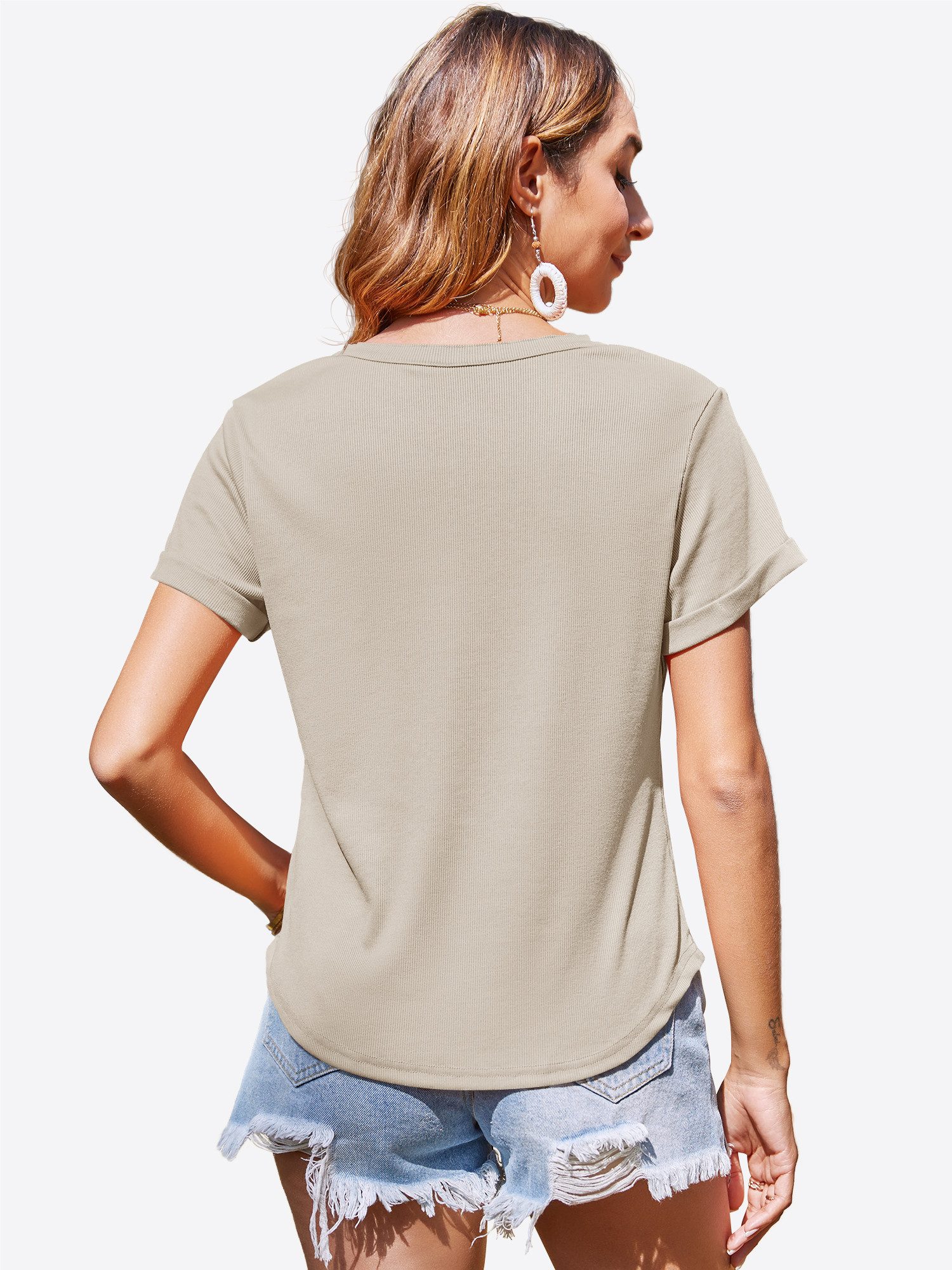 Imily Bela T-Shirt Damen Gerippt Henley Knopfleiste gerollte Ärmel Sommer B günstig online kaufen