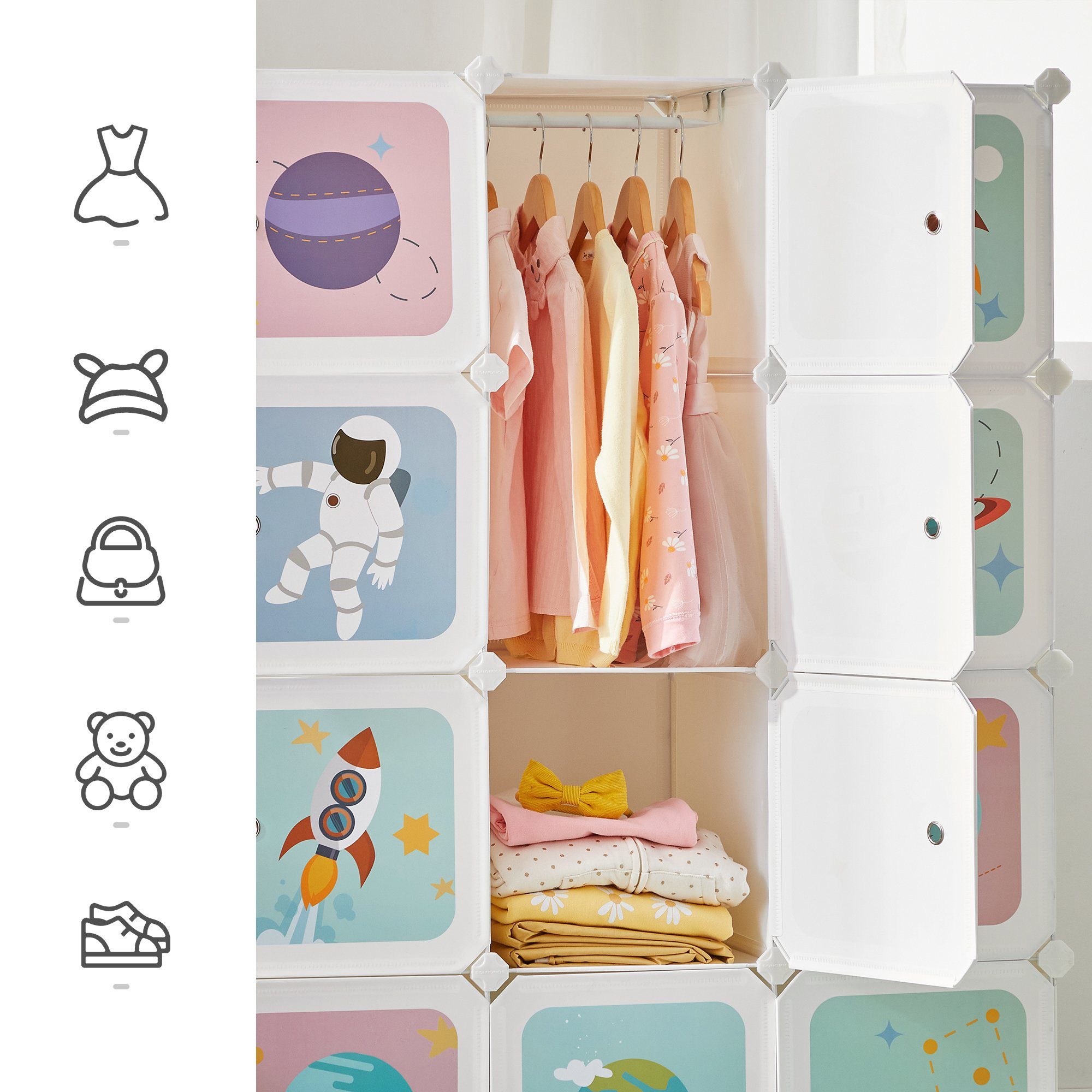 SONGMICS Kinderkleiderschrank Kinderregal mit 4 Kleiderstangen und 16 Würfeln, Schuhregal