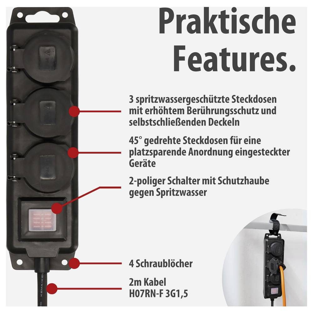 Brennenstuhl Gartensteckdose Std- 3fach 2m H07RN-F3G1.5mit Schalter, BeSchu,IP44 1159950013