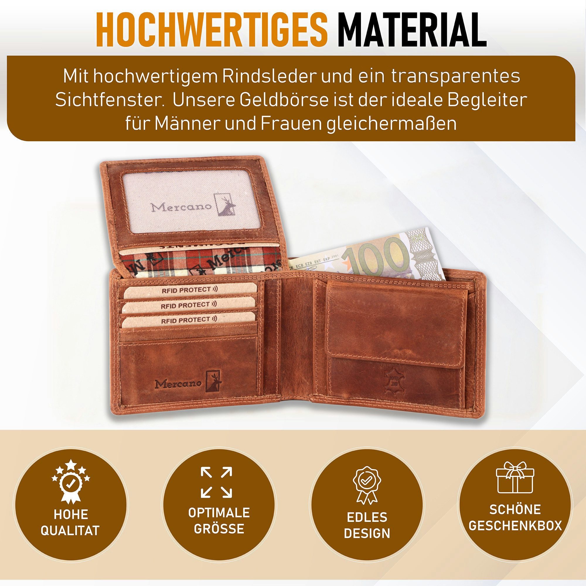Mercano Geldbörse Herren Echtleder Querformat (inkl. Geschenkbox), 10 Kartenfächer, RFID-Schutz, Sichtfenster, Doppelnaht, Vintage-Leder