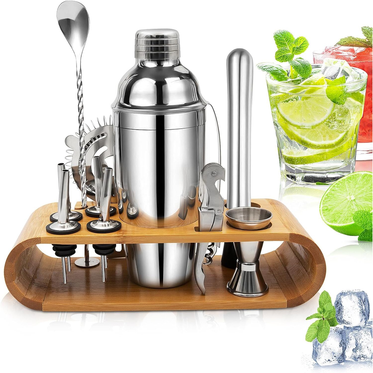 TUWENA Cocktail-Set Stainless Steel Shaker Bar Set, 750ML 12-Teiliges Edelstahl Zubehör, (12-tlg), Professionelles Barware Set für Zuhause oder die Bar