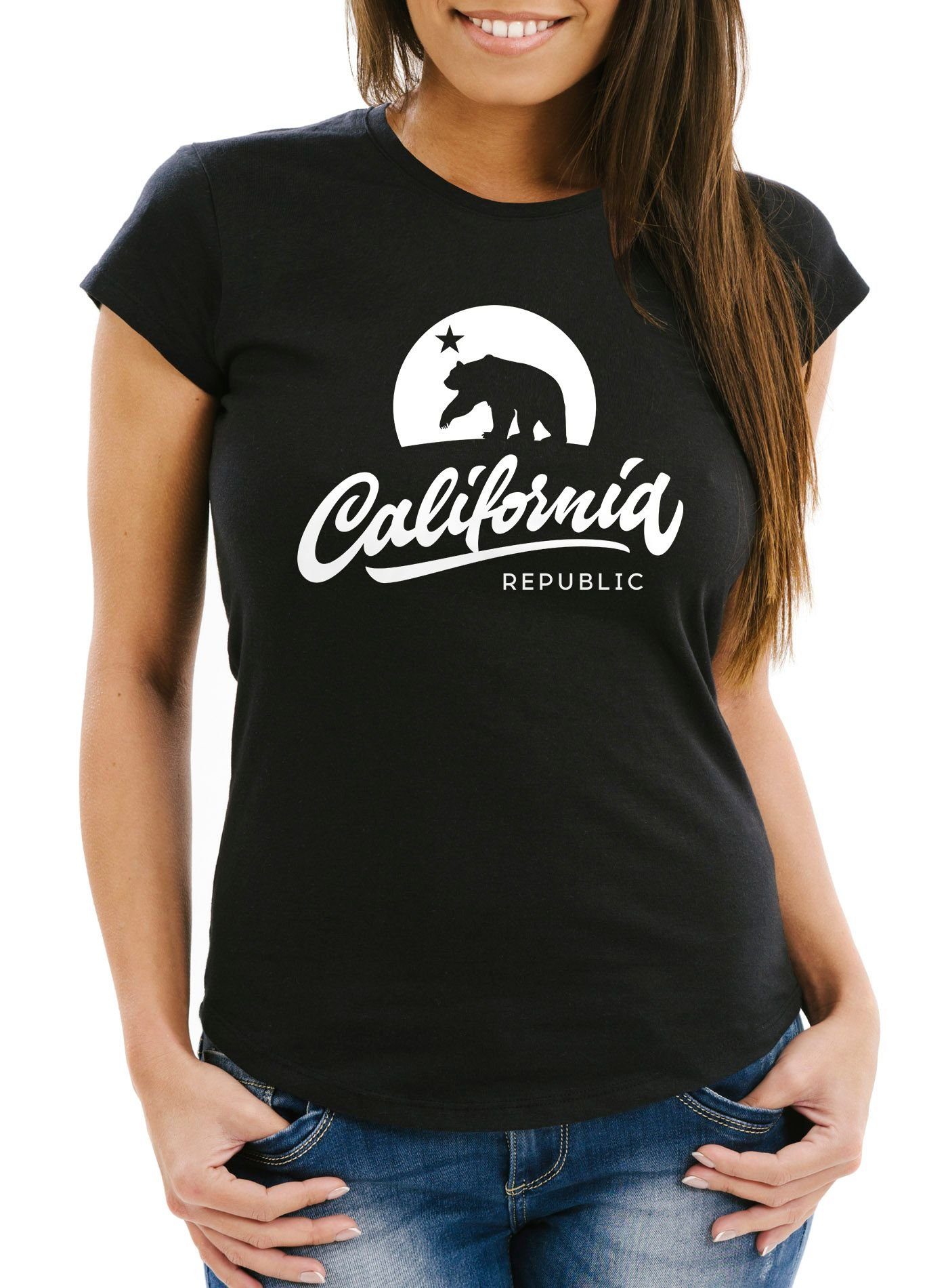Neverless Print-Shirt Damen Print Bear Neverless® Sommer Slim Republic mit Kalifornien California Bär Fit T-Shirt