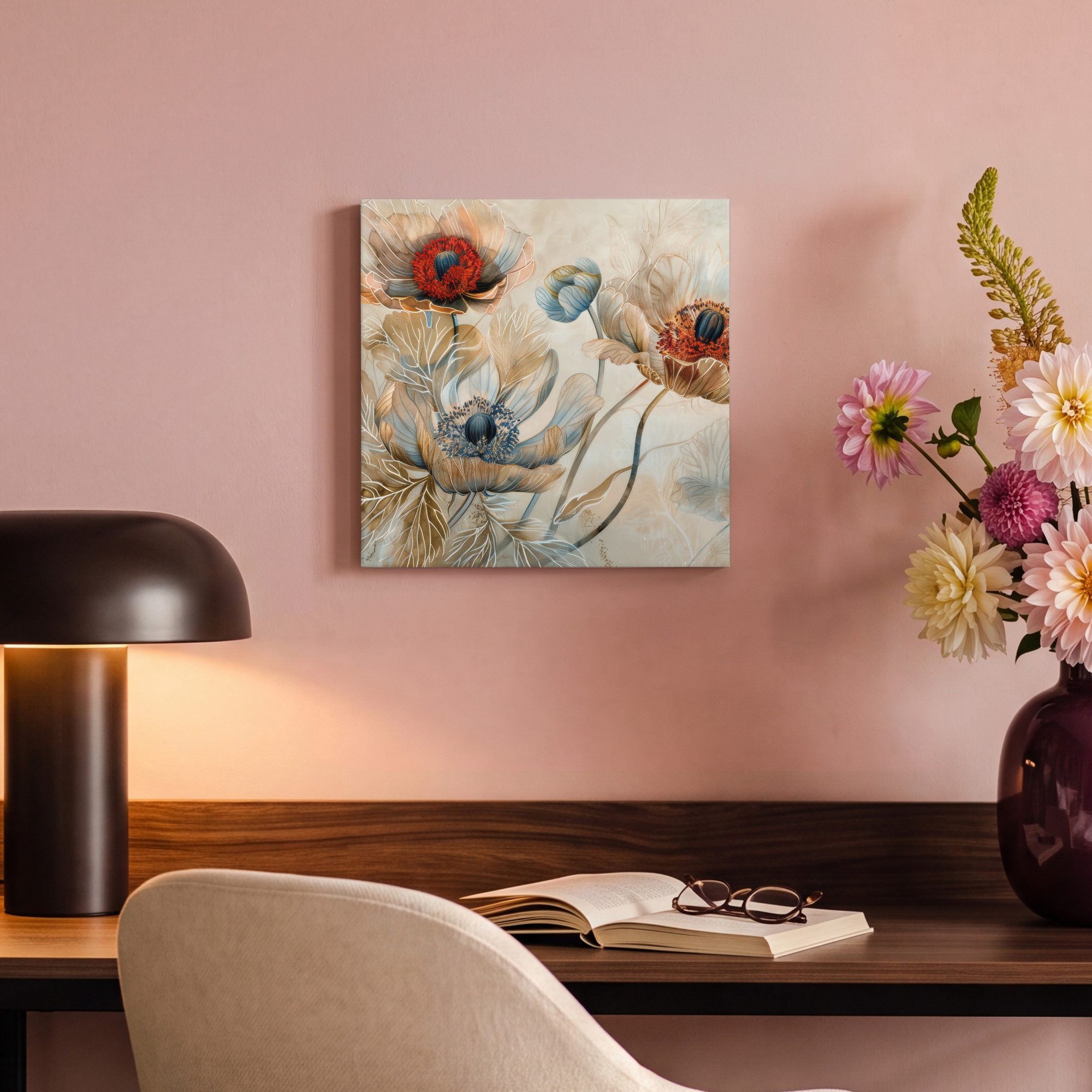 OneMillionCanvasses® Leinwandbild Blumen - Beige - Modern - Illustration, Fotodruck (1 St), Leinwand Canvas Wandbild, Wanddekoration 20x30 cm – Bild 4 von 5
