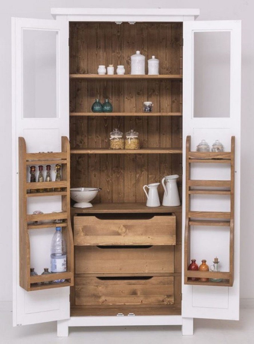 Casa Padrino Küchenbuffet Casa Padrino Landhausstil Esszimmerschrank Weiß / Naturfarben 96 x 65 x H. 220 cm - Massivholz Küchenschrank mit 2 Türen - Esszimmer Möbel im Landhausstil - Landhausstil Esszimmer Einrichtung