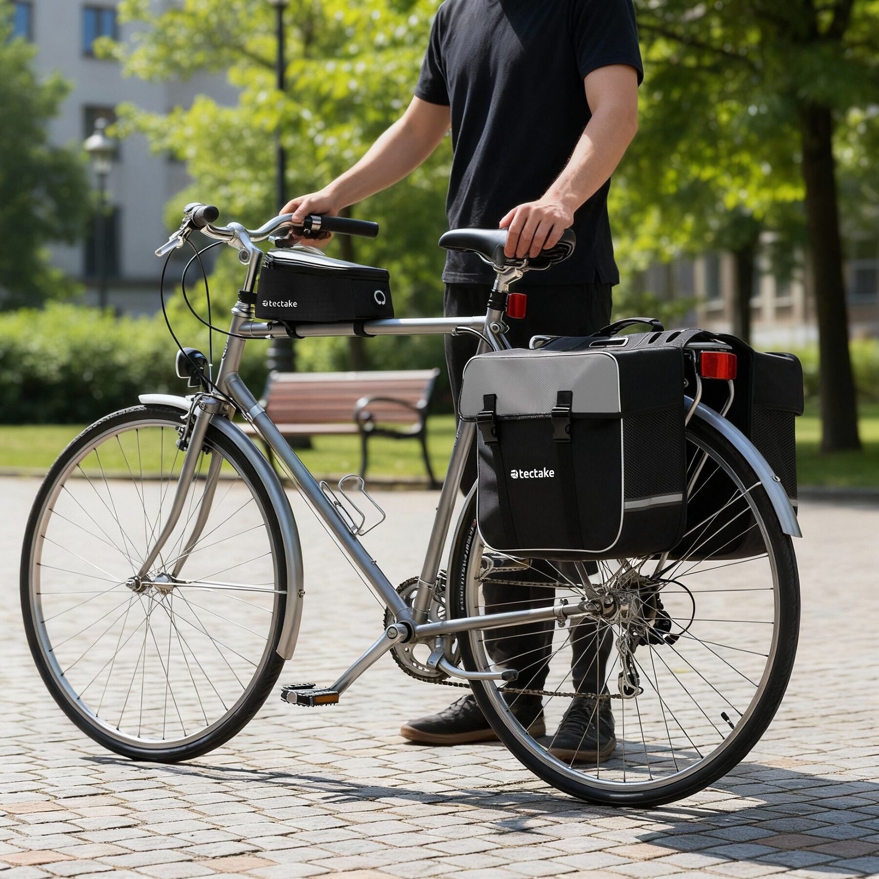 tectake Fahrradtasche (Fahrradtasche GEORG, in schwarz), Inkl. 3,5 mm Kopfhörerverlängerungskabel