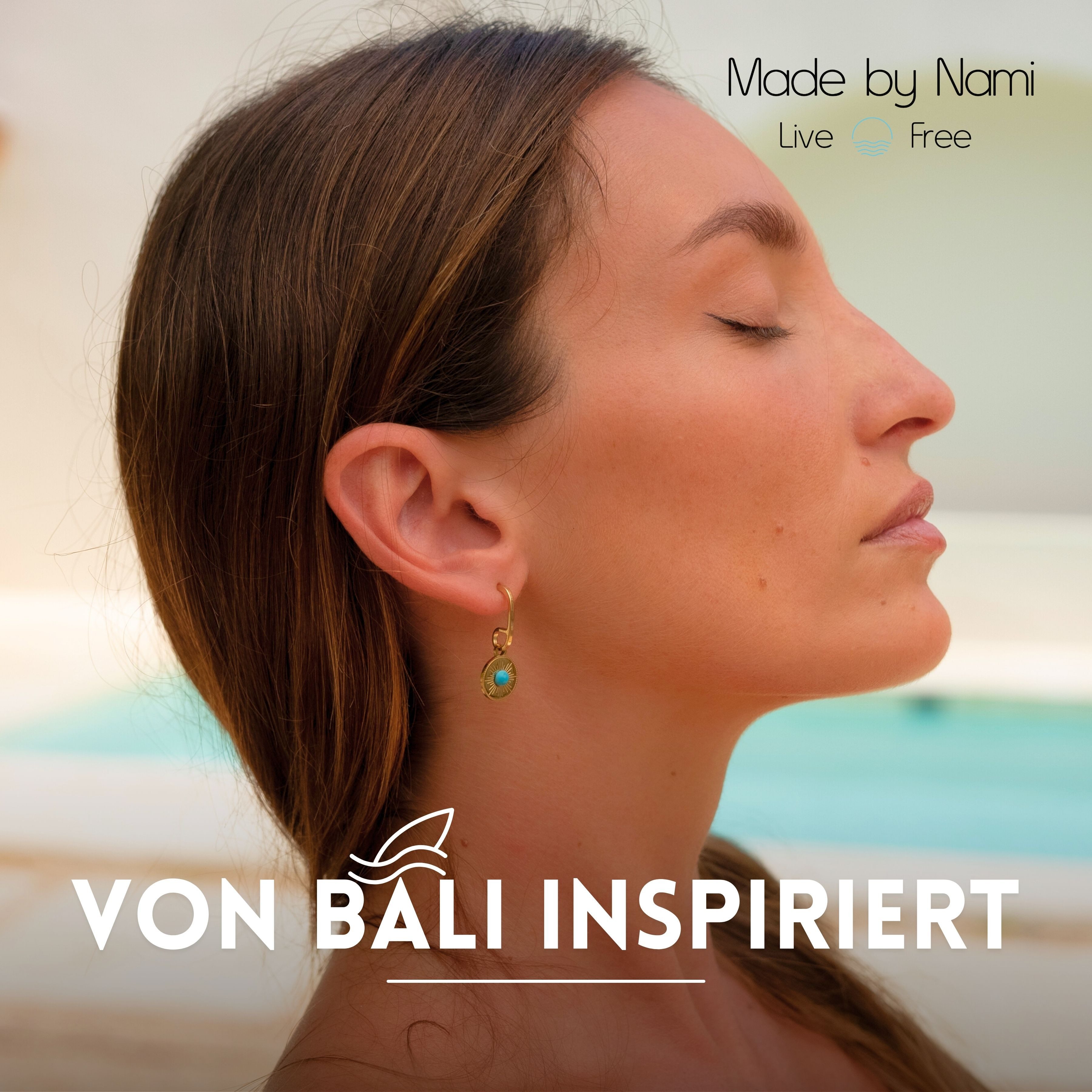 Made by Nami Ohrring-Set Edelstahl Ohrringe Gold hängend mit Sonnen Anhänger und türkisem Stein, Boho Schmuck Damen Wasserfest – Bild 4 von 5