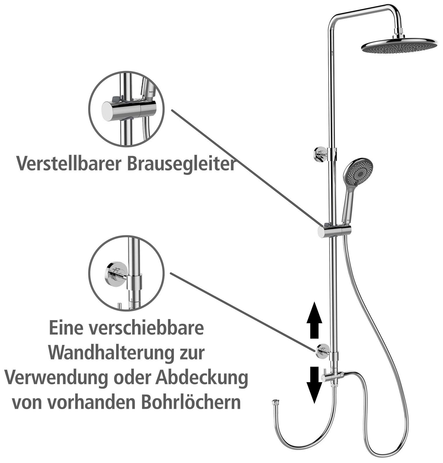 WENKO Duschsystem Watersaving, 3 Strahlart(en), Chrome, höhenverstellbare Duschstange von 75-120cm