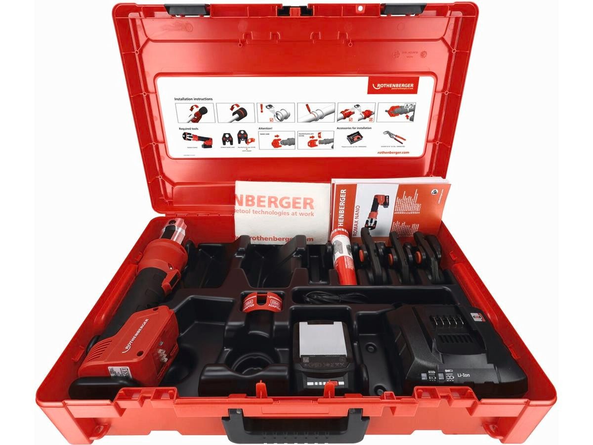 Rothenberger Werkstattpresse ROMAX NANO iJAWs Set, TH, Set, 8-tlg., inkl. Akku und Ladegerät, inkl. iJAW SV 16mm, 20mm, 26mm