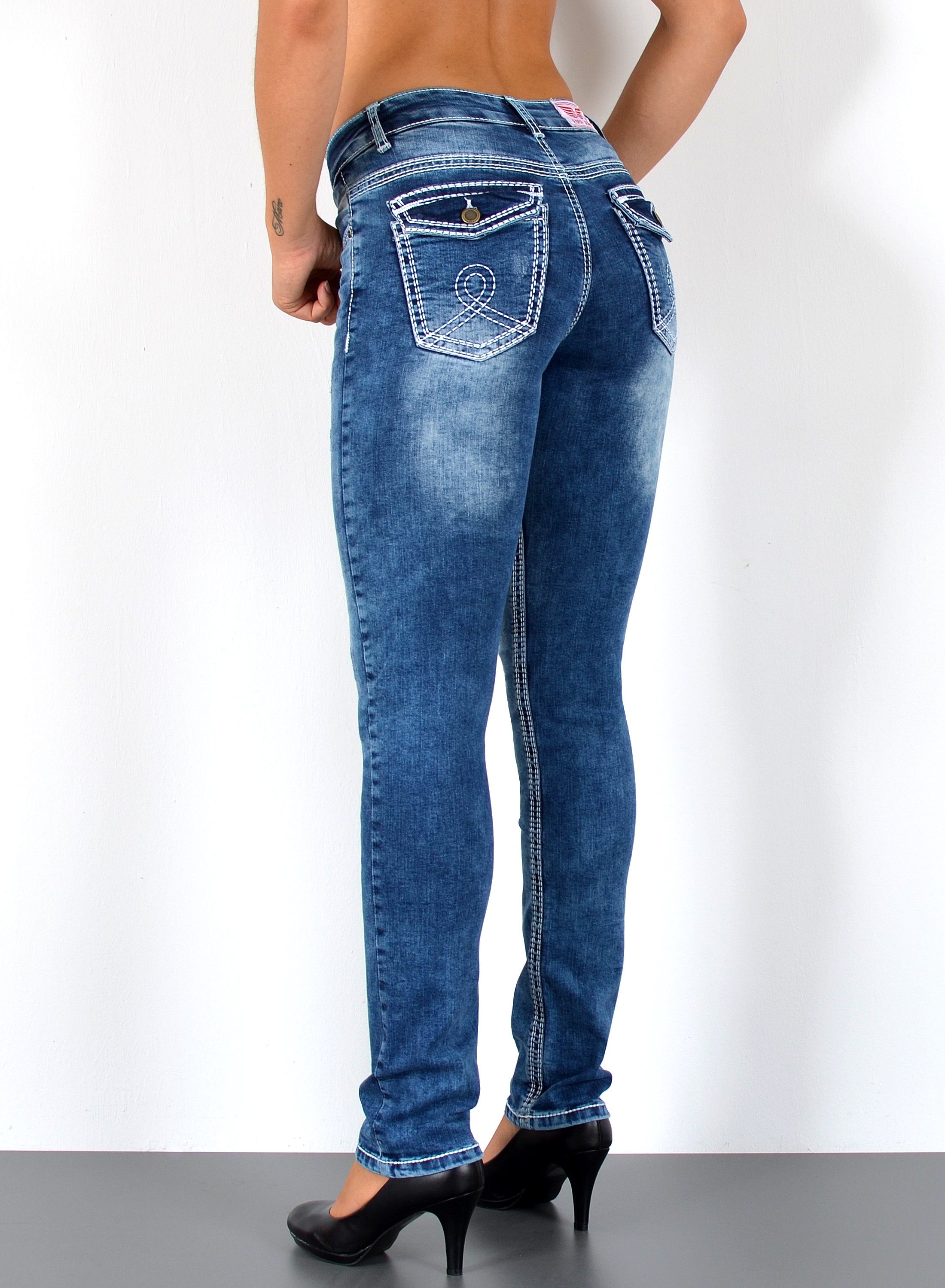 ESRA Straight-Jeans High Waist Straight Fit Jeans Damen Stretch Hose mit dicker Naht G11 High Waist Damen Jeanshose Straight Leg mit dicker Naht bis Übergröße