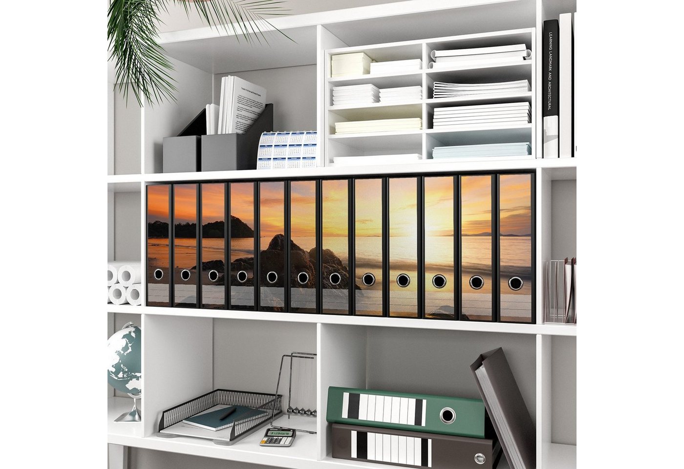 Thumbnail - Wallario Etiketten Sonne über dem Meer mit Felsenlandschaft, Ordnerrücken-Sticker in verschiedenen Ausführungen