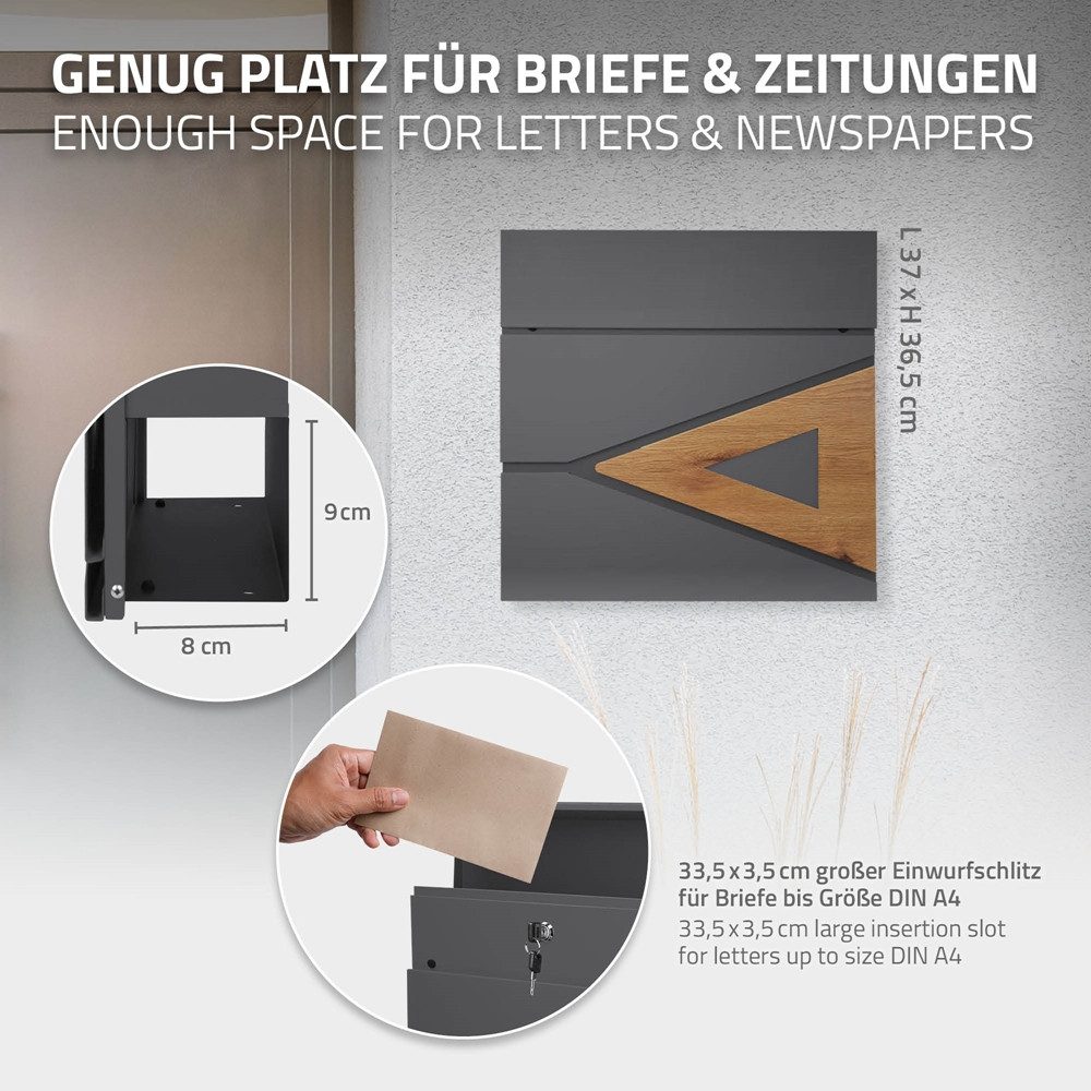 ML-DESIGN Briefkasten Wandbriefkasten Postkasten Design Briefkastenanlage Postbox Mailbox, Standbriefkasten mit Zeitungsfach Schloss und 2 Schlüssel aus Stahl – Bild 4 von 5