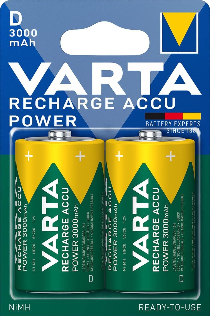 VARTA 2x Batterien D Mono, wiederaufladbar, Akku, 3000 mAh, vorgeladen Akku Mono D 3000 mAh (1,2 V, 1 St), Kein Memory-Effekt