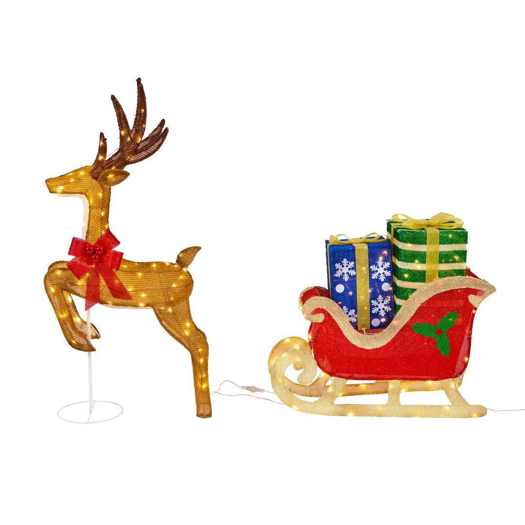 Lights4fun LED-Dekofigur Farbiges LED-Rentier mit Schlitten voller Geschenke, Weihnachtsbeleuchtung, Höhe Rentier: 100cm