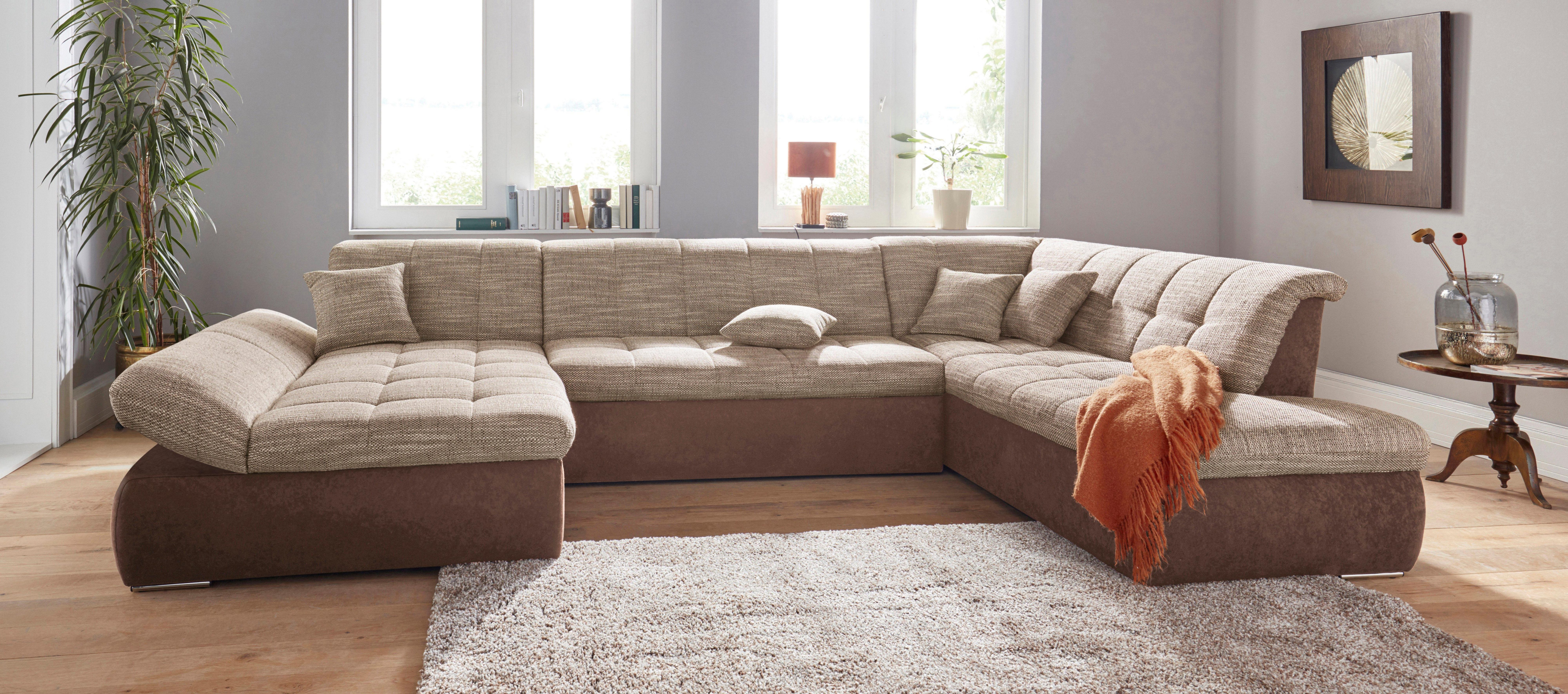 DOMO collection Wohnlandschaft PB MORIC wahlweise mit Bettfunktion und Armteilverstellung U-Form, XXL-Format B/T/H: 353/216/80 cm, feine Steppung, incl. Zierkissen