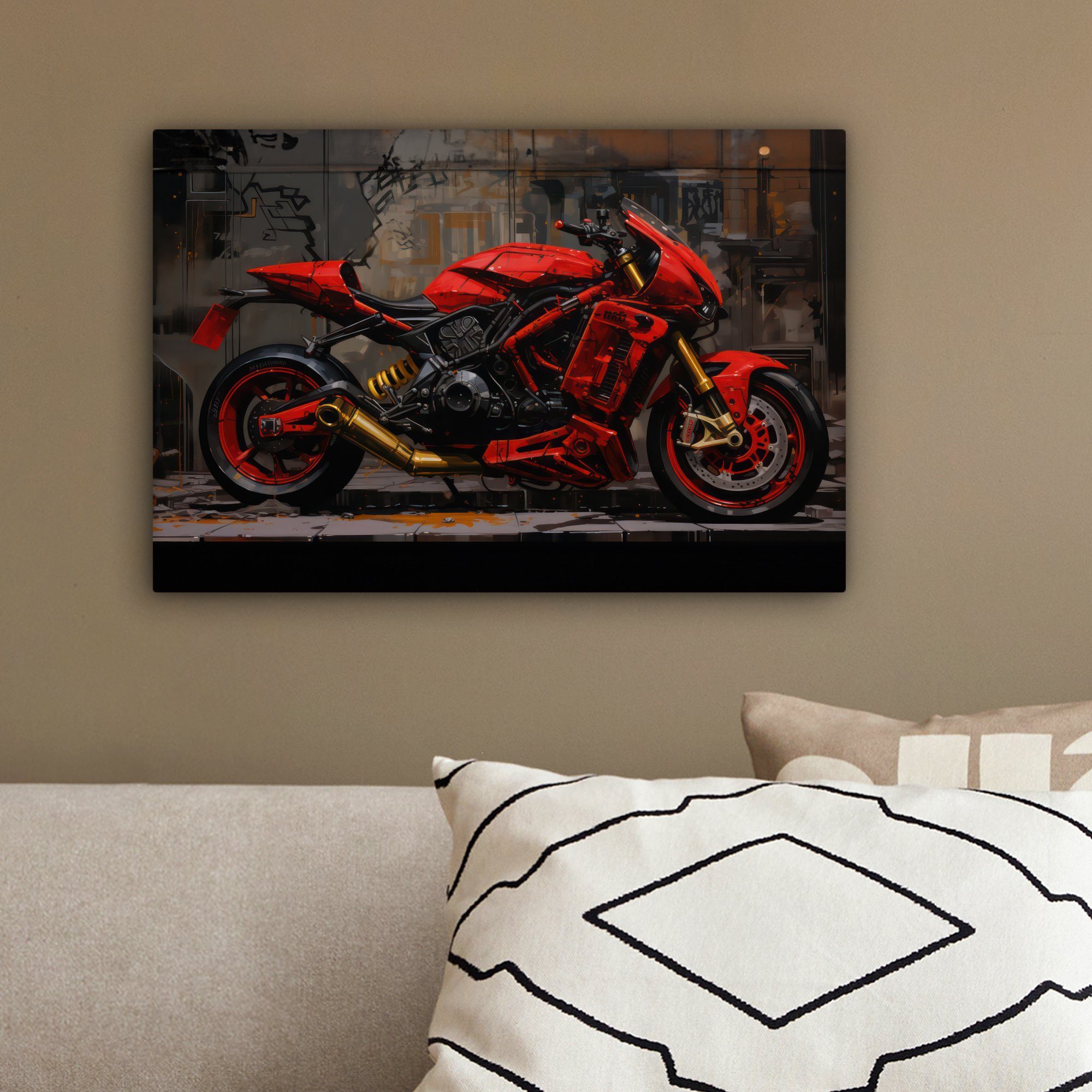- Fahrrad Leinwandbild Motorrad Rot - (1 Schwarz OneMillionCanvasses® Aufhängefertig, - St), Wanddeko, - Wandbild 30x20 Leinwandbilder, Straße, cm - Graffiti