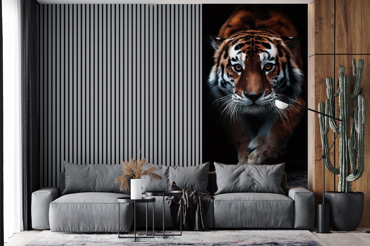 (2 MuchoWow Tiger Wild Schlafzimmer bedruckt, Matt, - Fototapete Schwarz Wohnzimmer - St), - Porträt, Vliestapete Küche, für - Tiere Fototapete