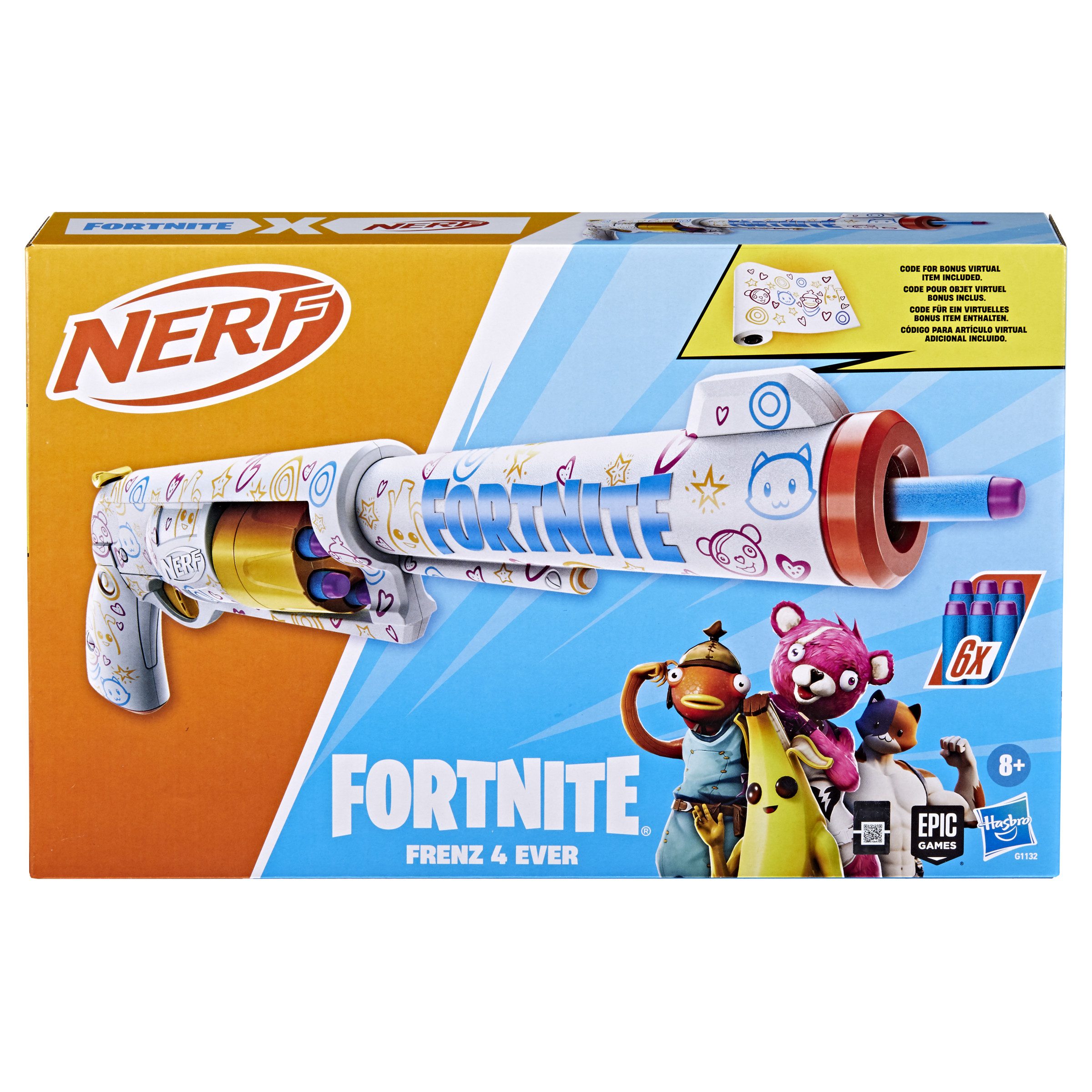 Hasbro Blaster Nerf Fortnite Frenz 4 Ever Blaster G1132EU4, 6-Dart-Rotationstrommel (Set, 1 Blaster + 6 Darts + Bonuscode), 6-Dart-Rotationstrommel Spannhebel-Action Fortnite-Design Bonuscode