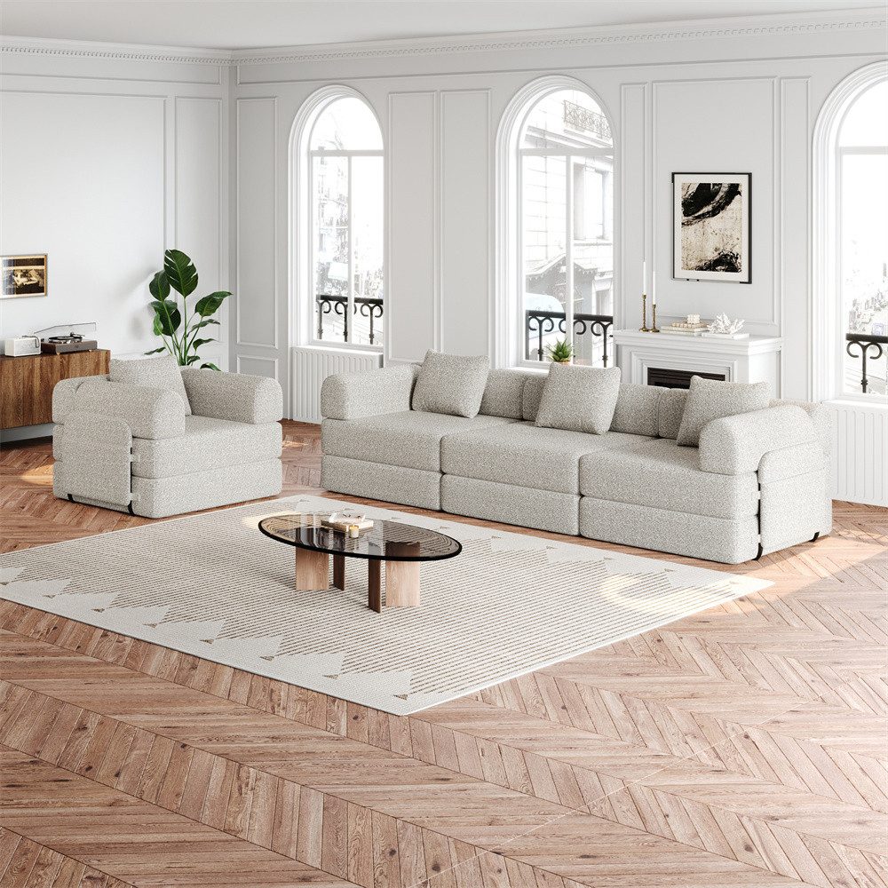 MODFU Schlafsofa Chenille-Schlafsessel 2-in-1, mit Staufach in der Armlehne, Metallrahmen und mehreren Konfigurationsmöglichkeiten 4 Teile, mit Relaxfunktion