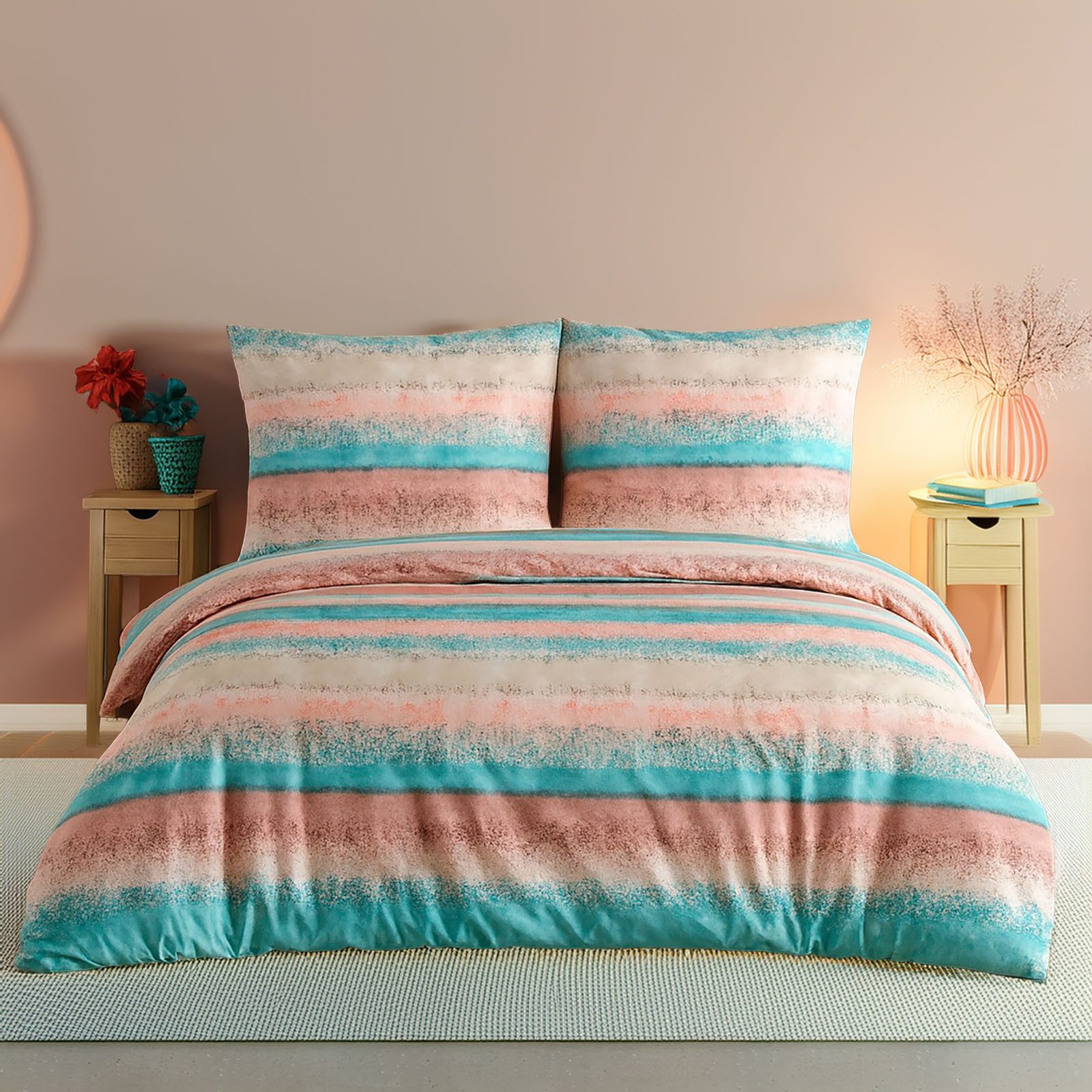 Buymax Bettwäsche Belissim Bettbezug-Set, Renforce: 100% Baumwolle, 3 teilig, 200x220 cm, mit Reißverschluss, Streifen, gestreift, Rose-Türkis