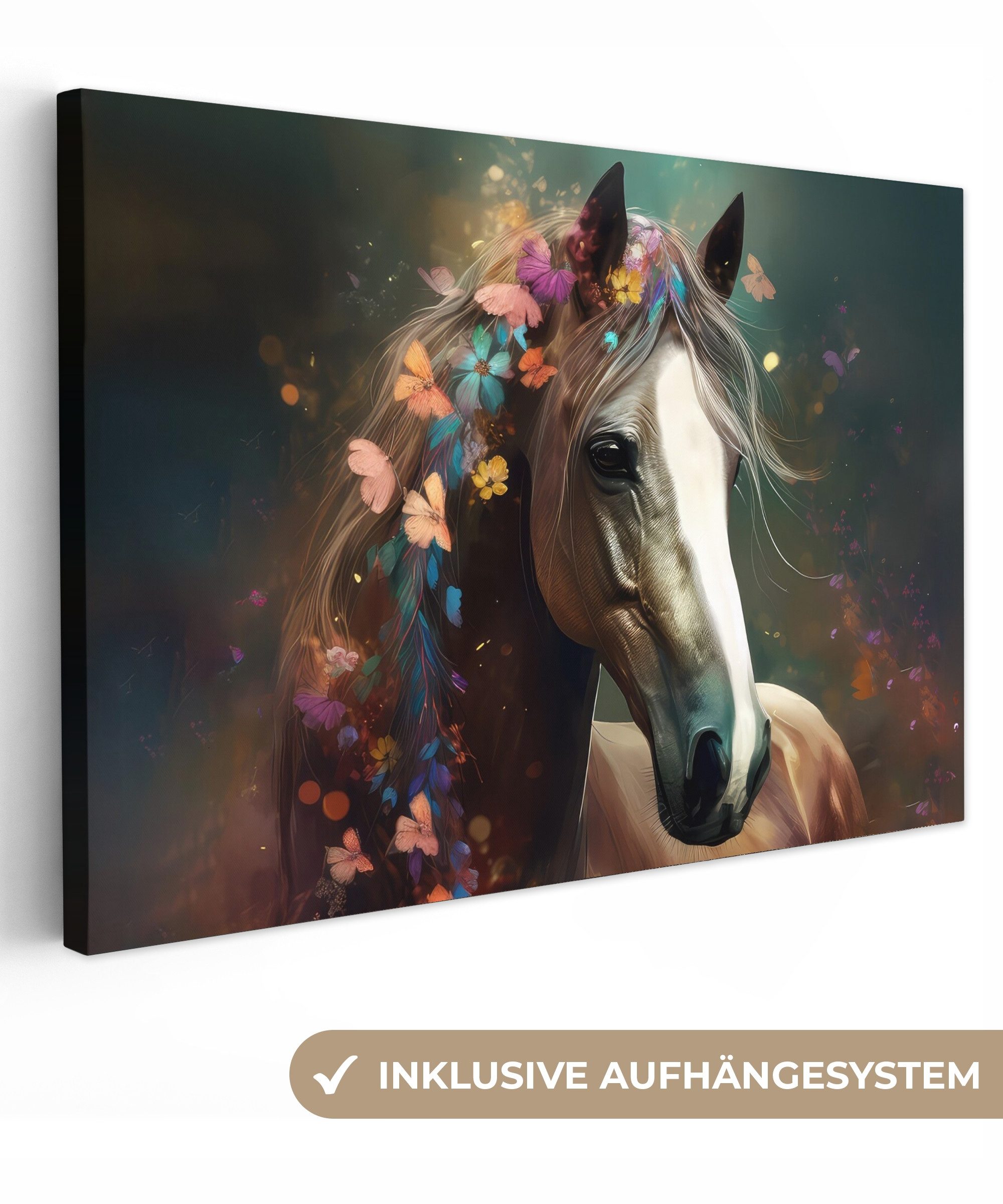 OneMillionCanvasses® Leinwandbild Tiere - Pferd - Natur - Schmetterling - Blumen, Fotodruck (1 St), Leinwand Bilder Klein, Wand Dekoration Aesthetic 30x20 cm