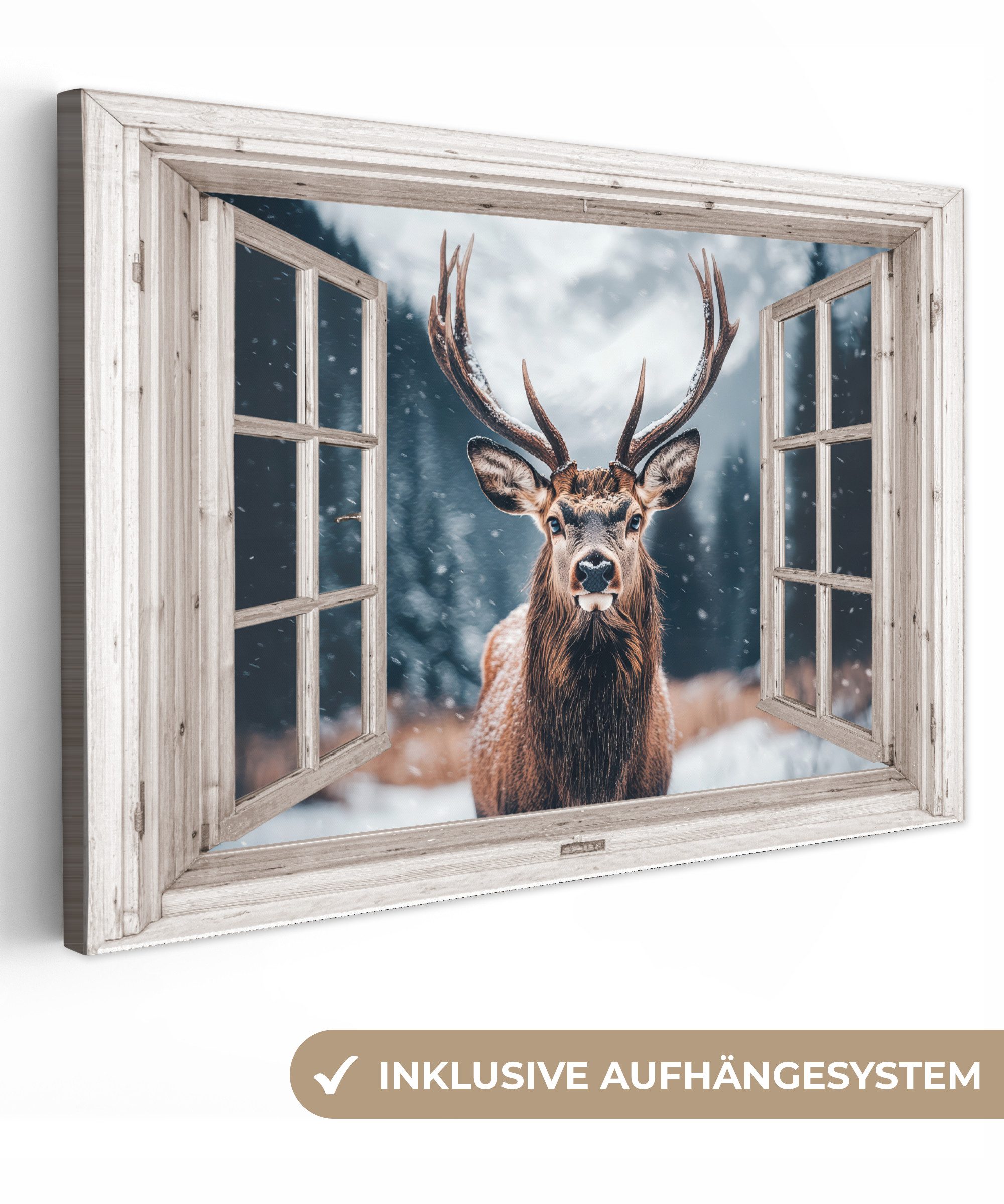 OneMillionCanvasses® Leinwandbild Hirsche - Tiere - Landschaft - Winter - S günstig online kaufen