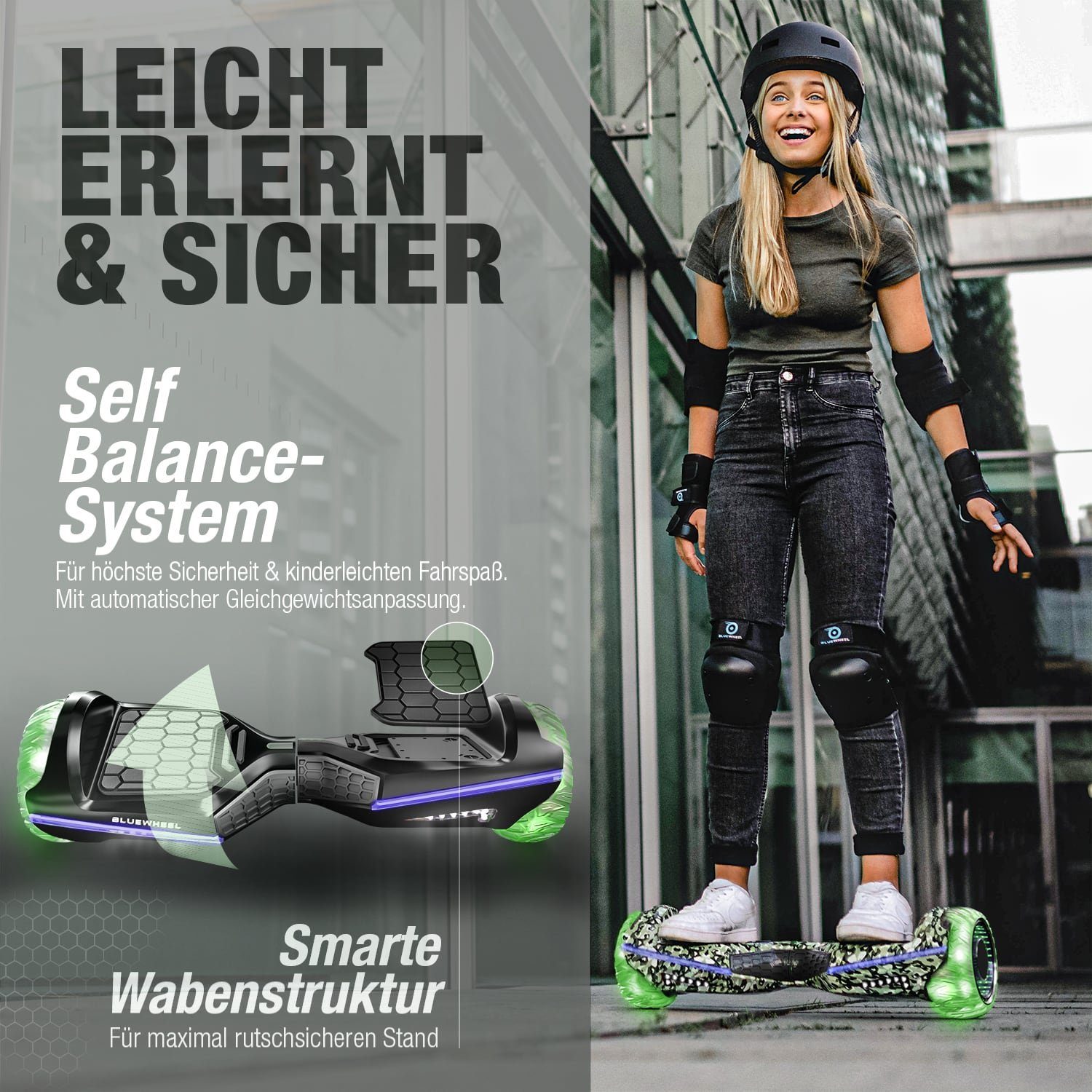 Hoverboard Bluewheel Camouflage Skateboard Electromobility HX360 Green HX360, Premium Bluewheel 6,5“