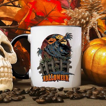 GRAVURZEILE Tasse mit Motiv im Halloween Vogelscheuche Design, Keramik, Farbe: Schwarz & Weiß V2