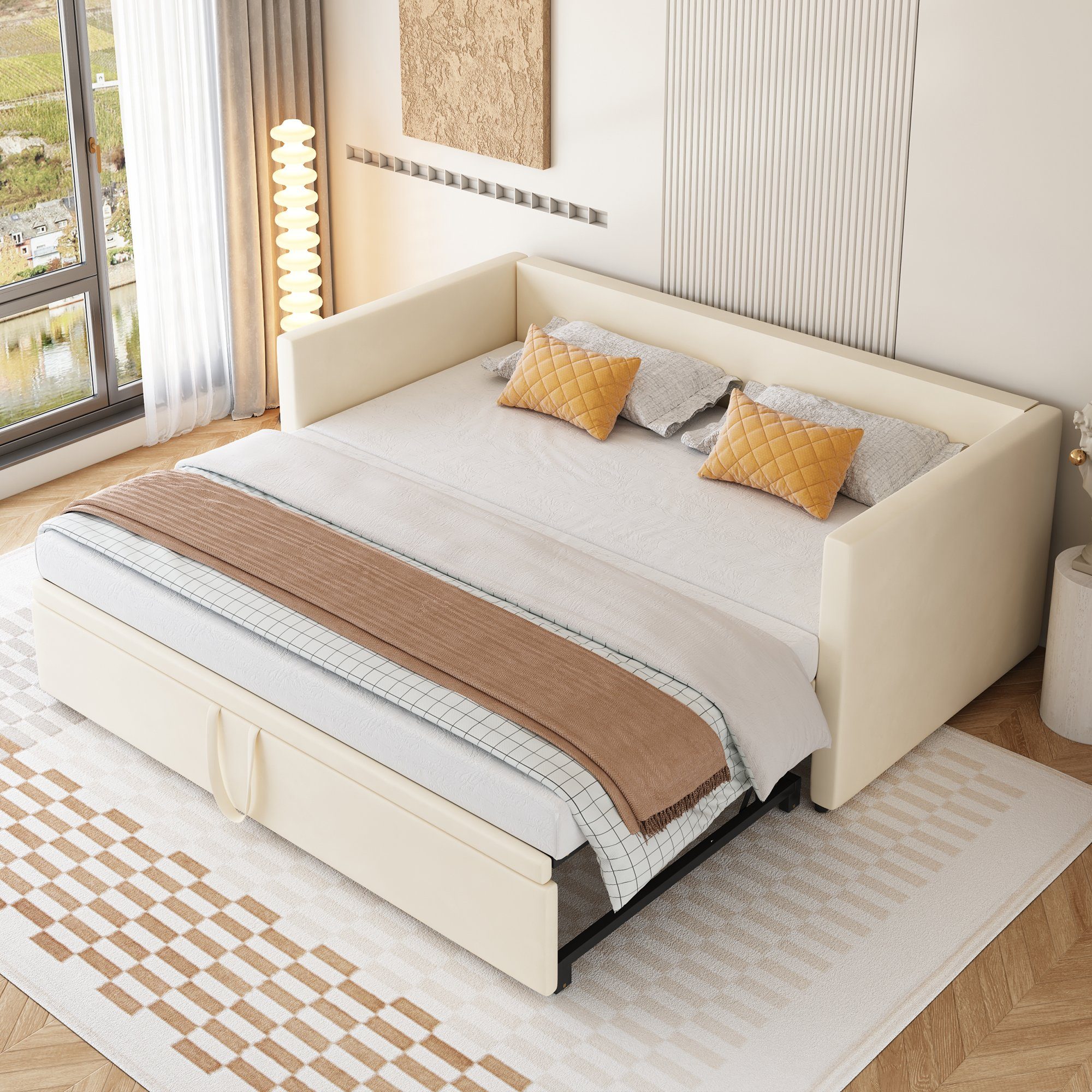 SOFTWEARY Schlafsofa Ausziehbett mit Bettfunktion, inkl. Lattenrost, 90x200  cm/180x200 cm, Jugendbett aus Holz, Bezug aus Samt