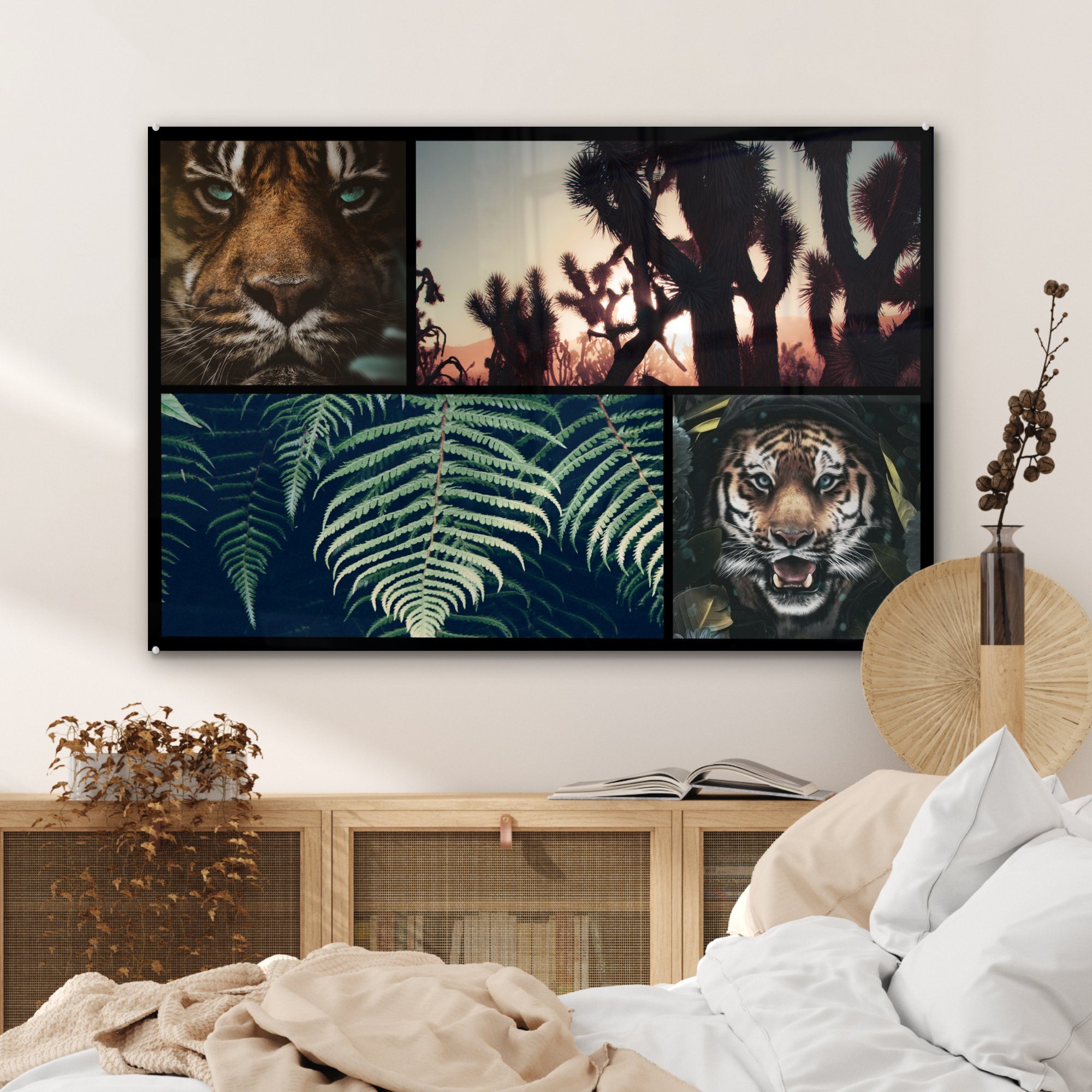 (1 - - Schlafzimmer MuchoWow Wohnzimmer Acrylglasbild Sonnenuntergang, Acrylglasbilder St), - Tiger Pflanzen Collage &