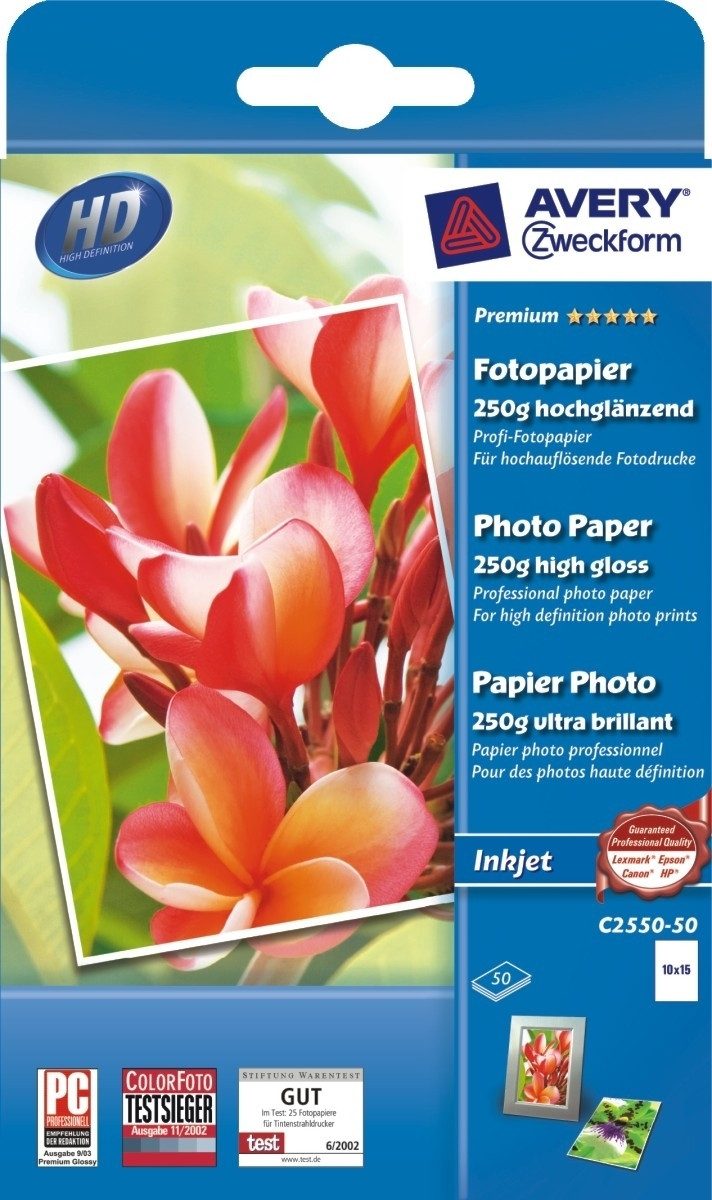 Avery Zweckform Fotopapier Inkjet-Fotopapier Premium A6 einseitig beschichtet hochglänzend 250 g