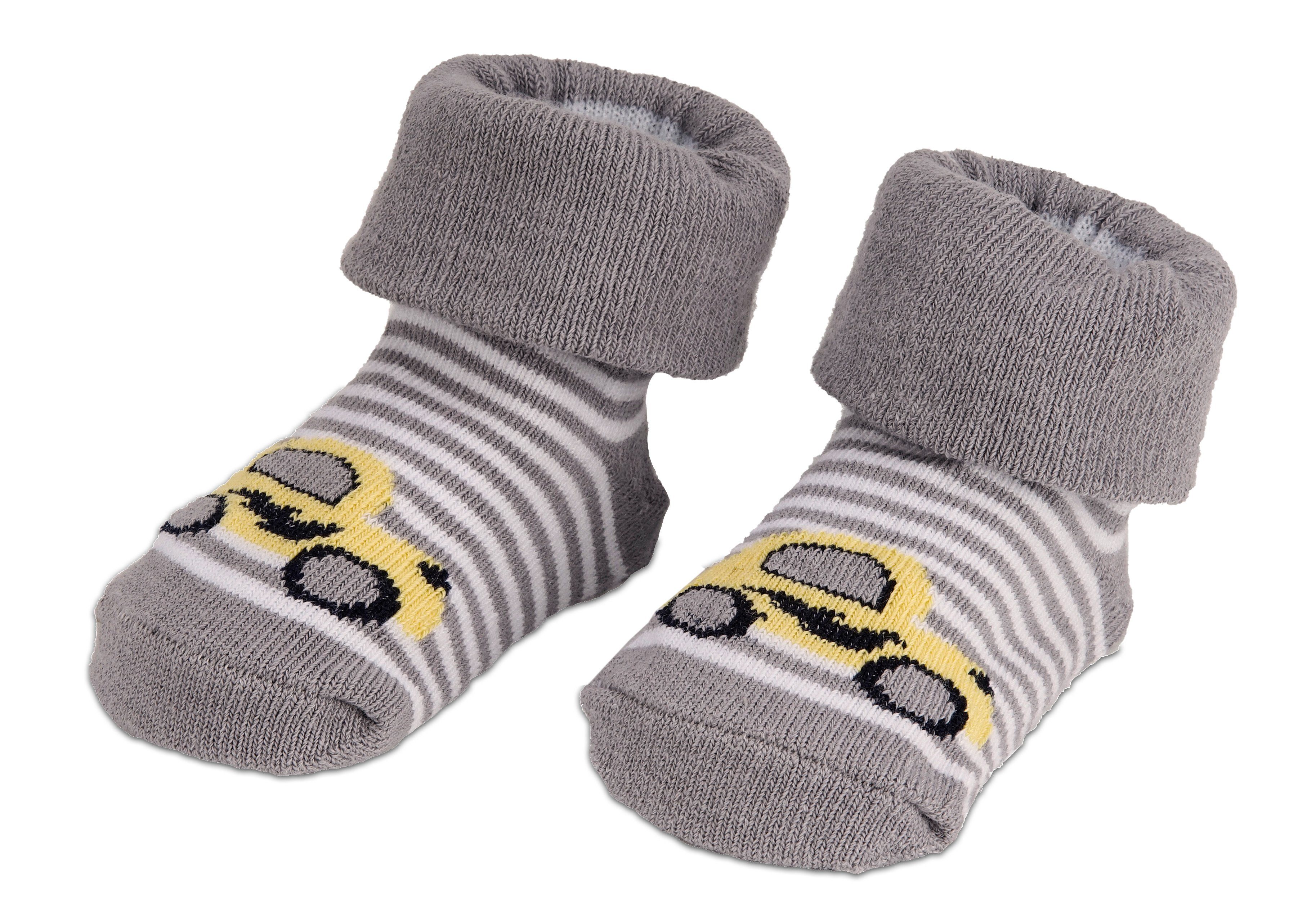 BRUBAKER Socken Babysocken für Jungen und Mädchen 0-12 Monate (4-Paar, Baumwollsocken mit Auto Motiven) Baby Geschenkset für Neugeborene in Geschenkverpackung mit Schleife