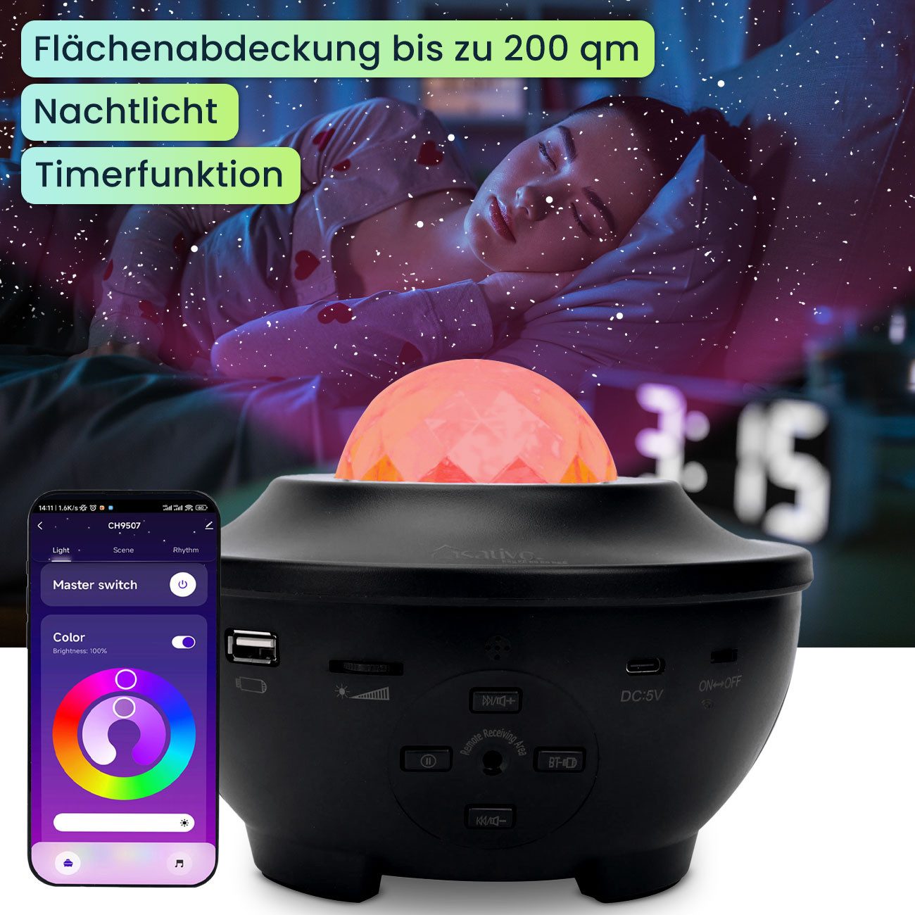 Casativo LED-Sternenhimmel Magischer Laser-Sternenhimmel-Projektor mit Bluetooth Lautsprecher, LED, WIFI, Sprachsteuerung & App-Steuerung – Bild 3 von 5