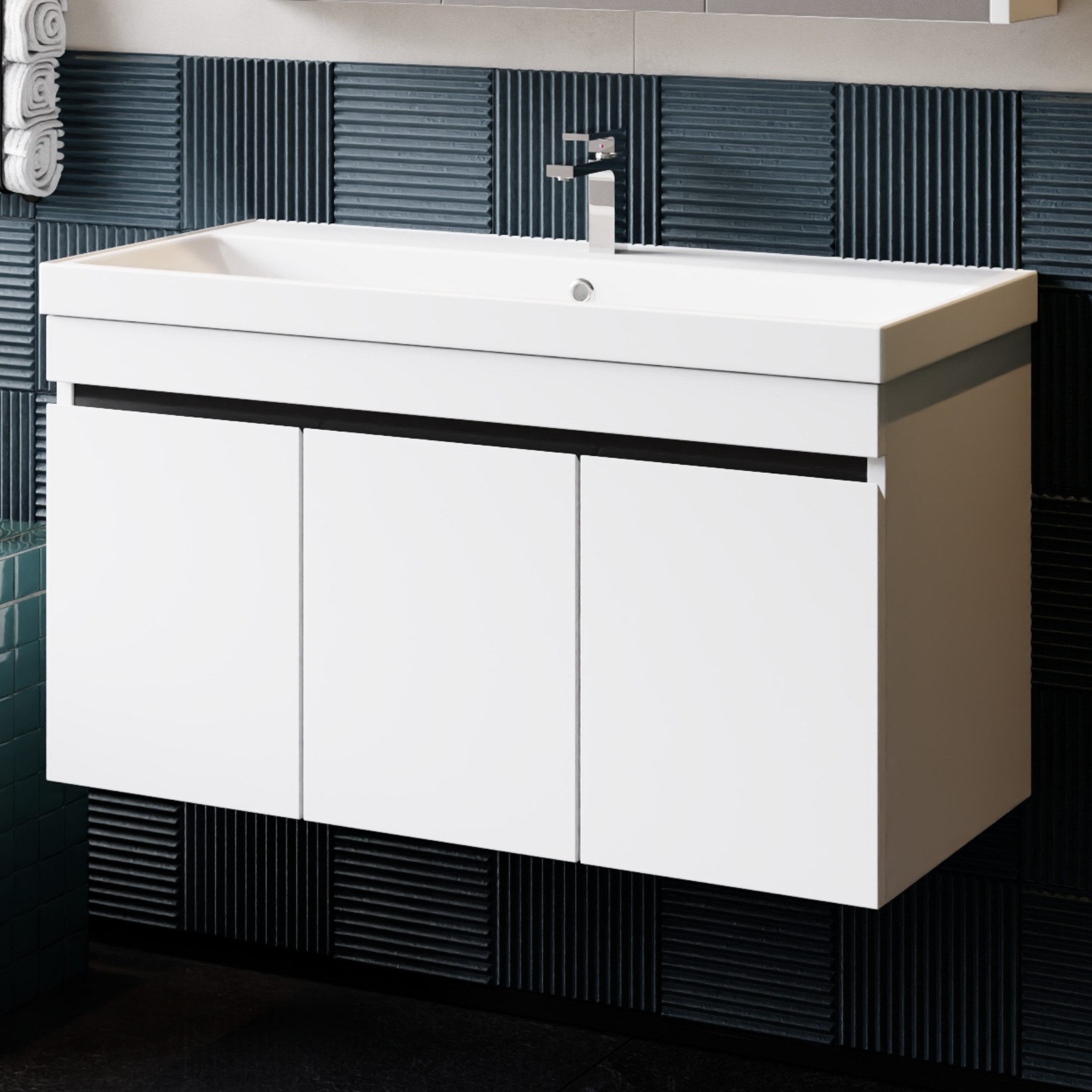 Karen Waschtisch-Set Waschtisch mit Unterschrank Venus Weiß, (2-St., Der Lieferumfang umfasst Unterschrank, eine Konsole und Waschbecken), Futuristisch, Hochglanz, Keramikwaschbecken, Softclose