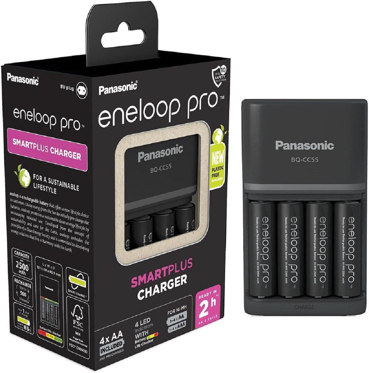 eneloop Pro Ladegerät mit 4x AA Akkus 2500 mAh – Schnellladegerät Set Batterie-Ladegerät