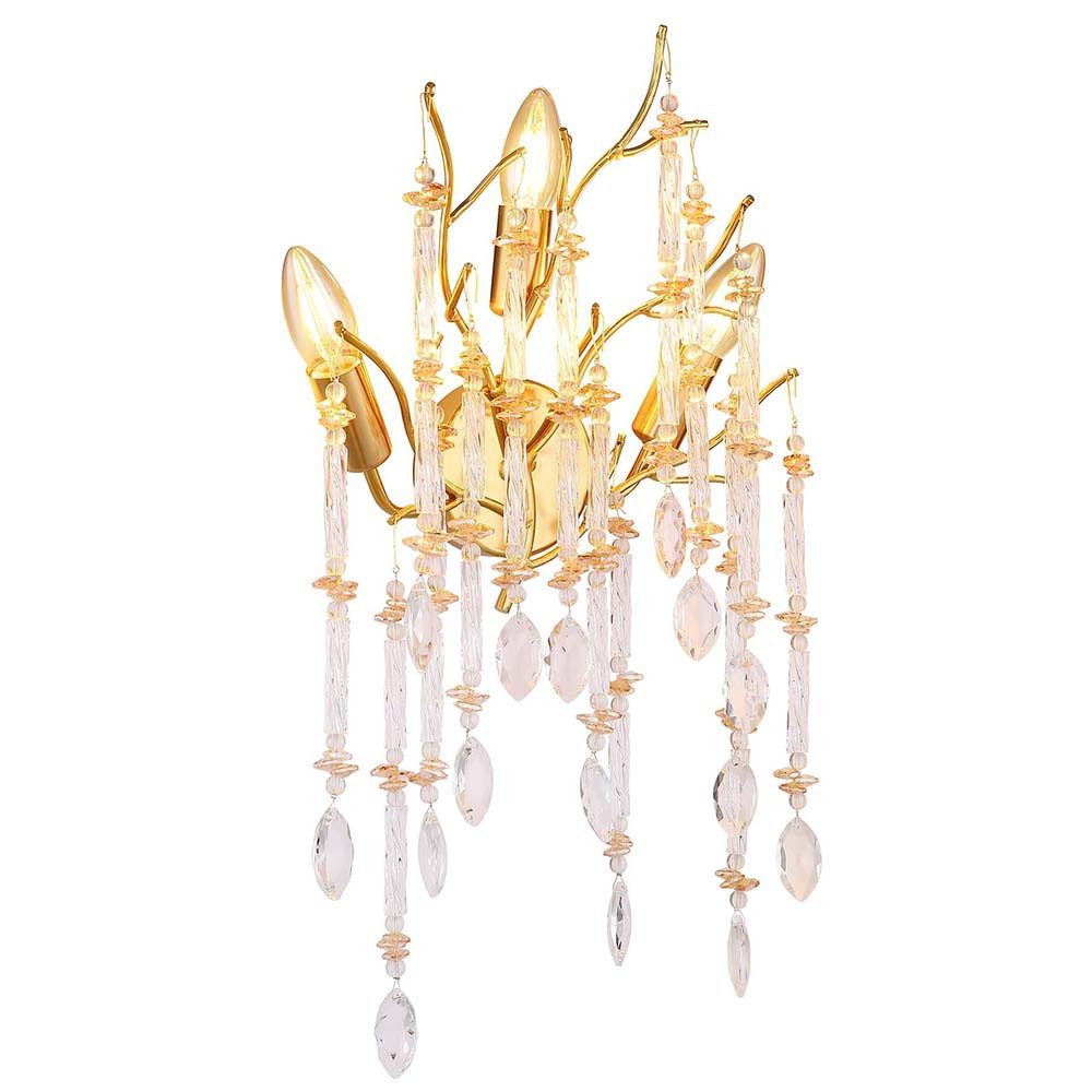 GLOBO LIGHTING Wandleuchte, Leuchtmittel nicht inklusive, Wandleuchte Metall goldfarben matt Glaskristalle 3-flammig H 50 cm