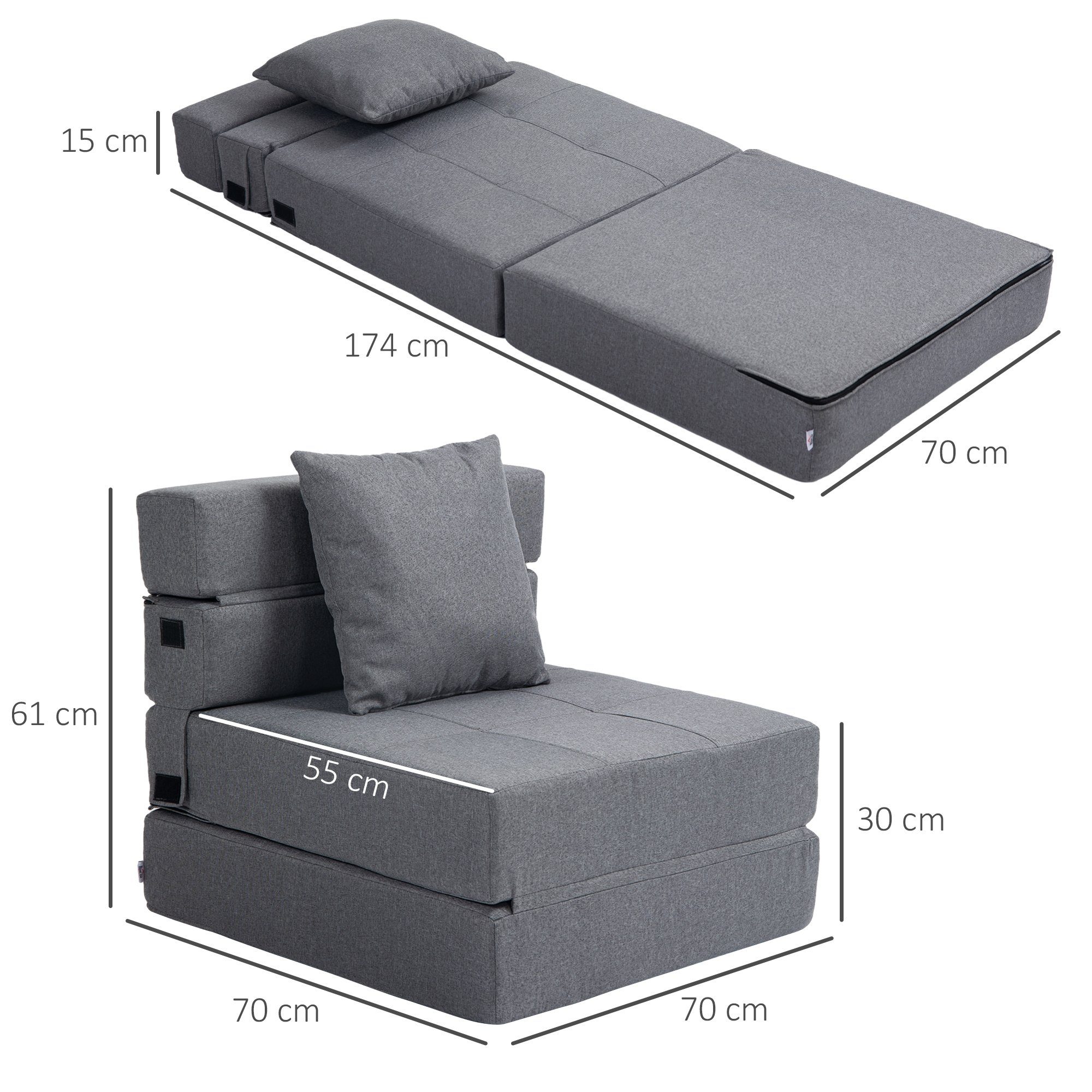 HOMCOM Schlafsofa 2-in-1 Klappsessel mit Bettfunktion, Relaxsessel mit Kissen, Schlafsessel klappbar 1 Teile, für Wohnzimmer, Schlafzimmer, bis 120 kg Belastbar, Dunkelgrau