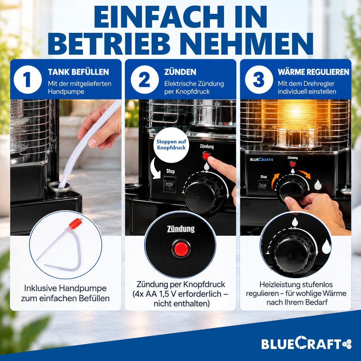 BlueCraft Petroleumheizung Petroleumofen Dochtofen mobile Camping-Heizung Heizofen ohne Strom, Inklusive Docht und Handpumpe Heizstrahler sparsam Heizer Heizger – Bild 4 von 5
