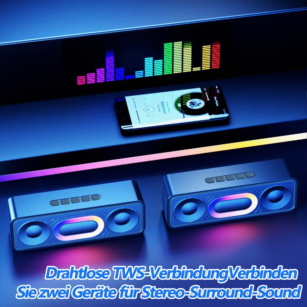 MOPUEA Bluetooth Lautsprecher 3D Surround TWS Tragbarer FM Radio Lautsprecher Bluetooth-Lautsprecher (Bluetooth 5.0 TWS 3D Sound FM Radio LED Licht 1500mAh)